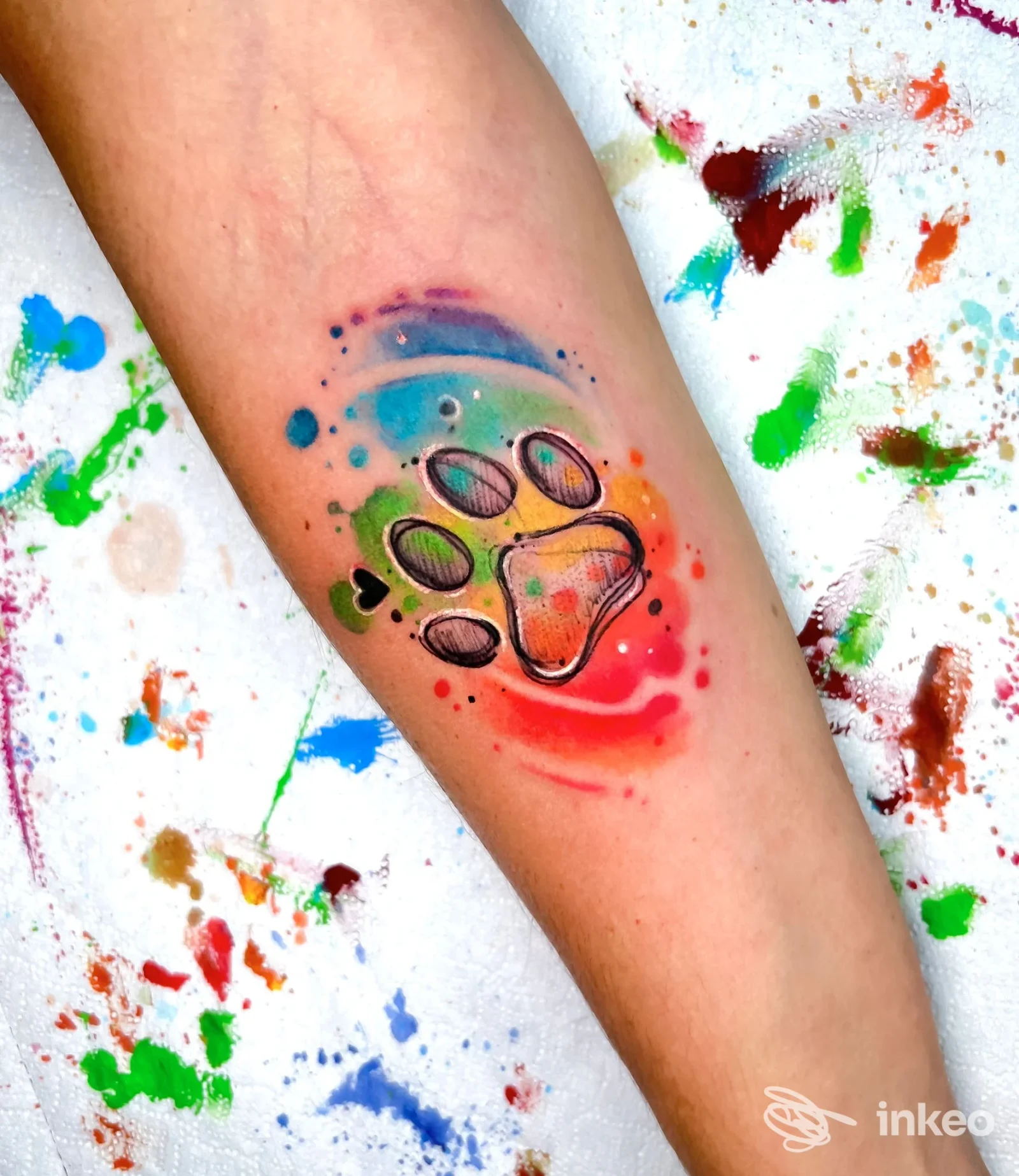 Tatuaggio zampa colorata in stile acquerello sull'avambraccio, foto per ROYAL INK ROMA TATTOO & PIERCING STUDIO, Roma.