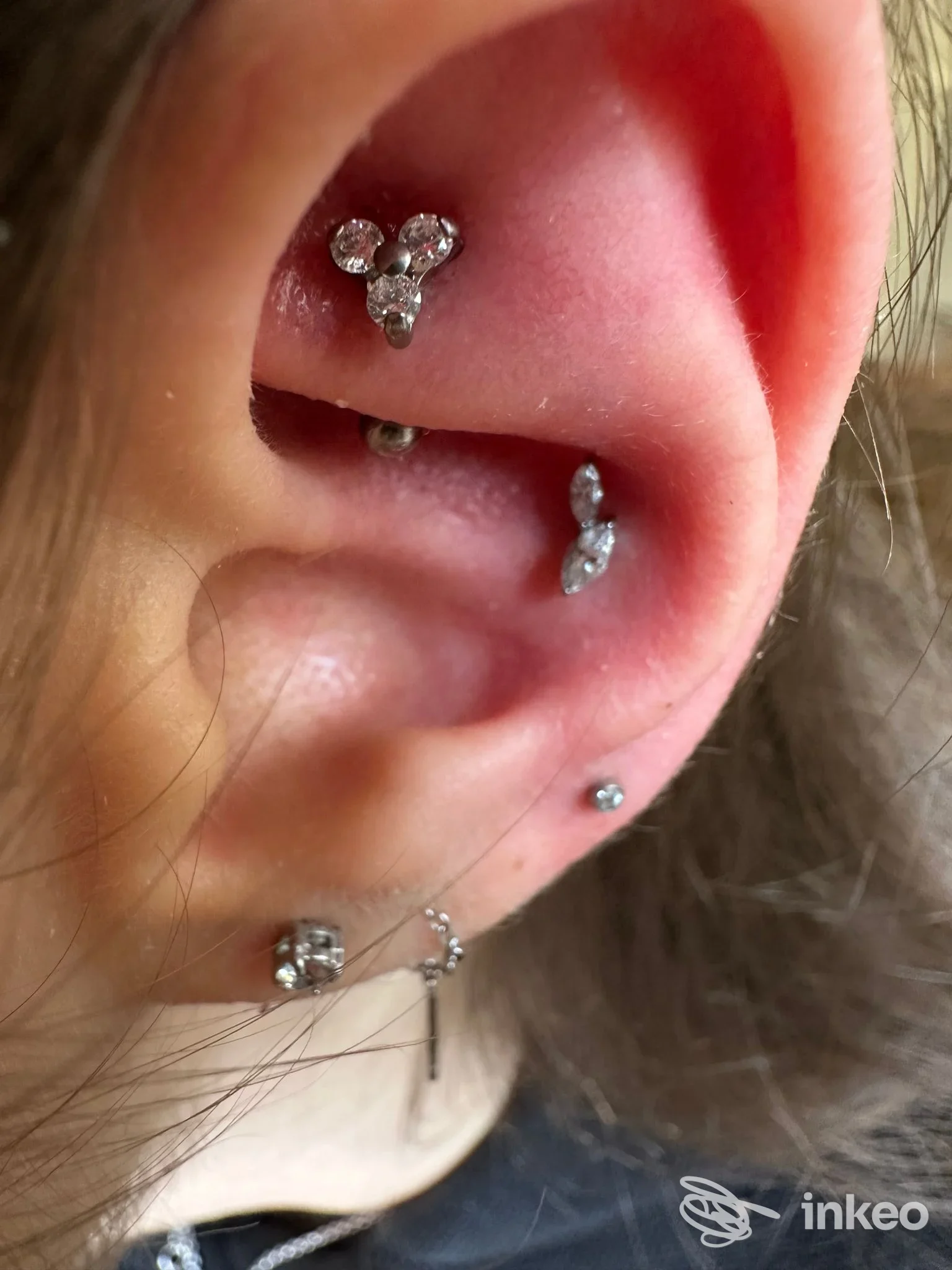 Primo piano di orecchio con più piercing, foto per Simona Rao Piercing & Laminazione ciglia, Roma.
