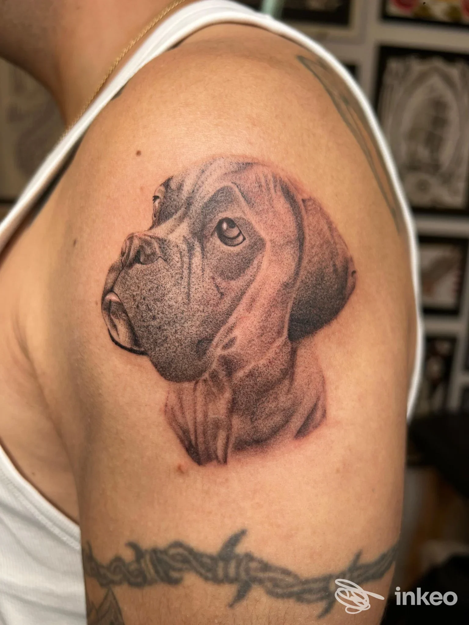 Tatuaggio realistico di un ritratto di cane sulla spalla, inchiostro nero e graywash. ST.PETER'S INK tattoo studio, Roma.