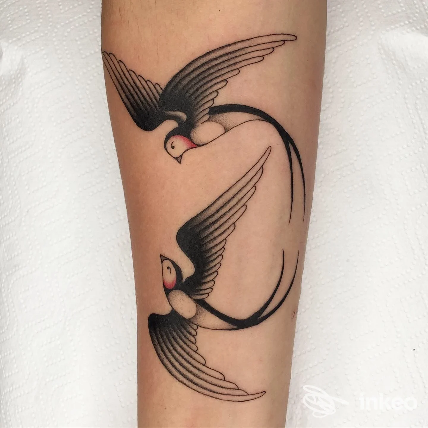 Tatuaggio di due rondini in nero sull'avambraccio, foto dello studio TenTails Tattoo – Roma.