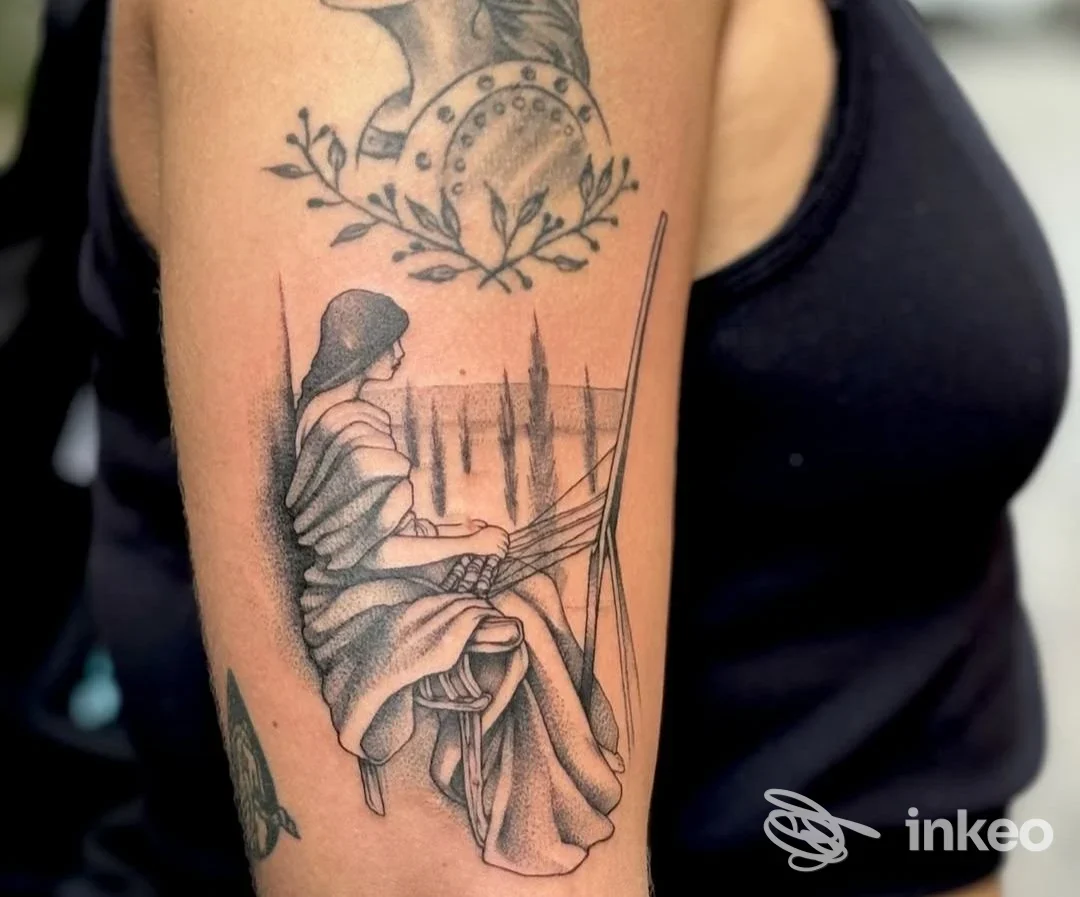 Tatuaggio in bianco e nero di una figura seduta sul braccio superiore, The Bad Church - Tattoo & Piercing, Roma.