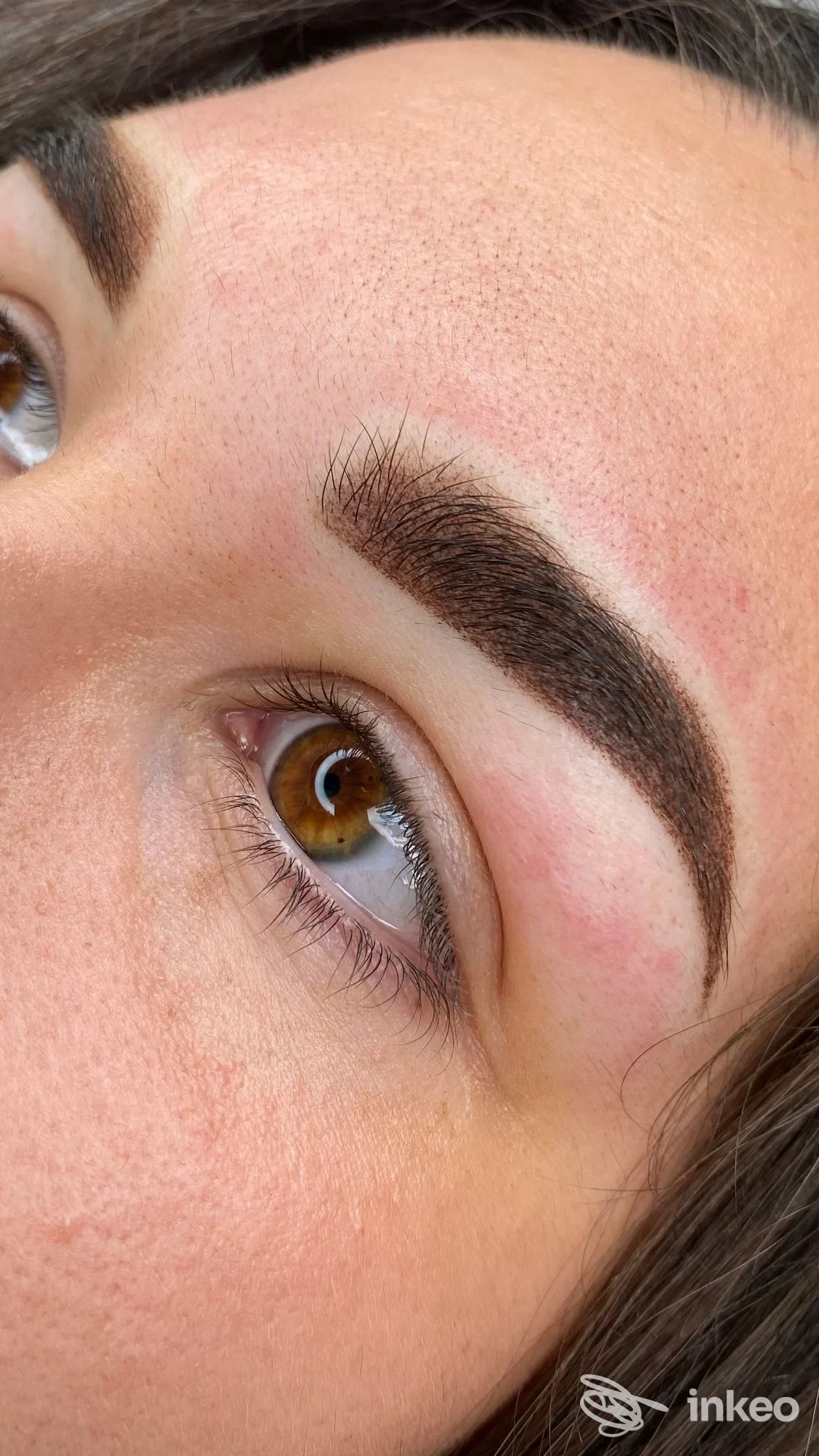 Primo piano di sopracciglio con trucco permanente realizzato da Barbara Zangri a Roma, vista dell'occhio e della zona perioculare.