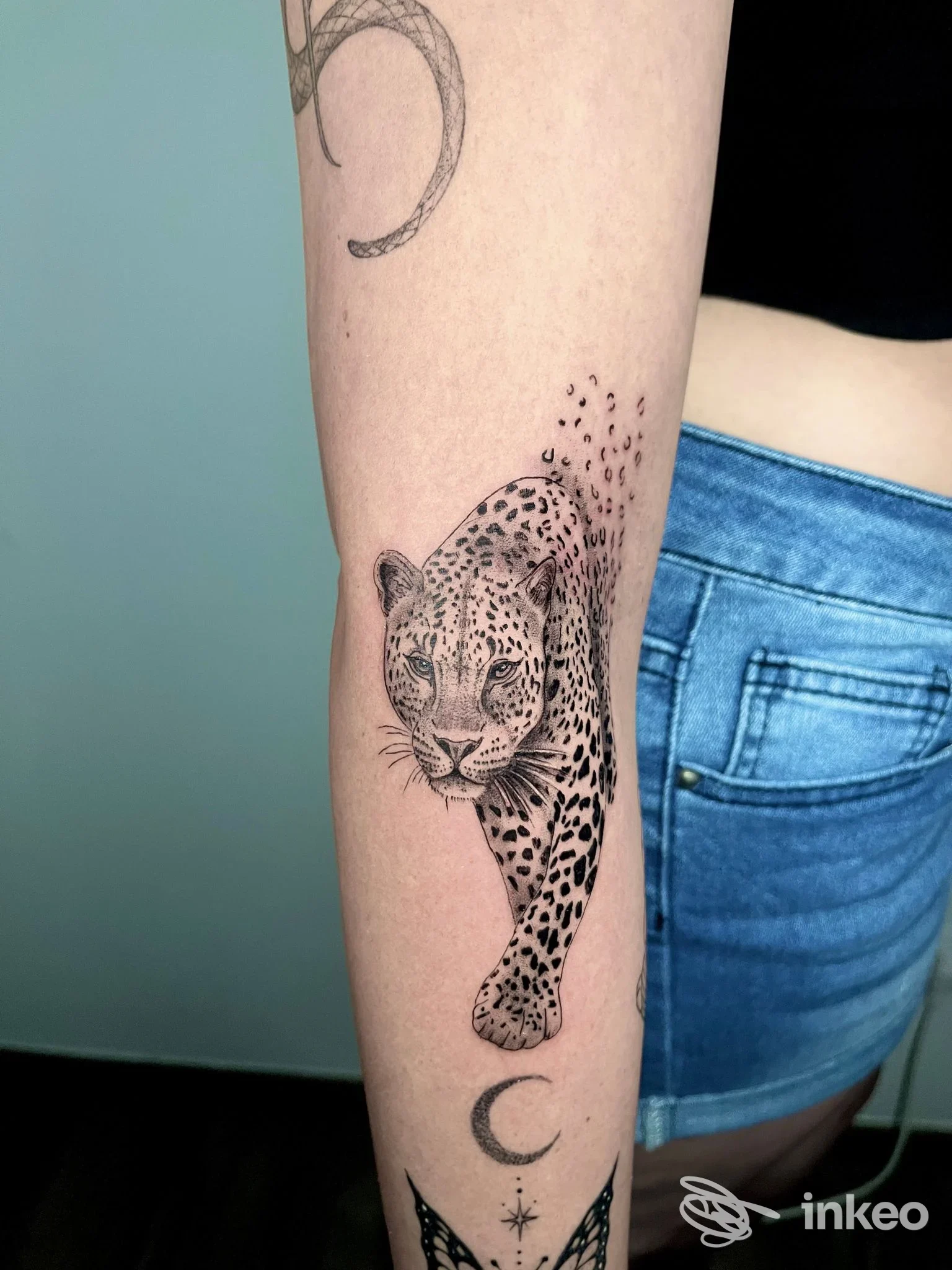 Tatuaggio di un leopardo realistico sull'avambraccio, foto fornita dallo studio Arte su pelle a Formia.