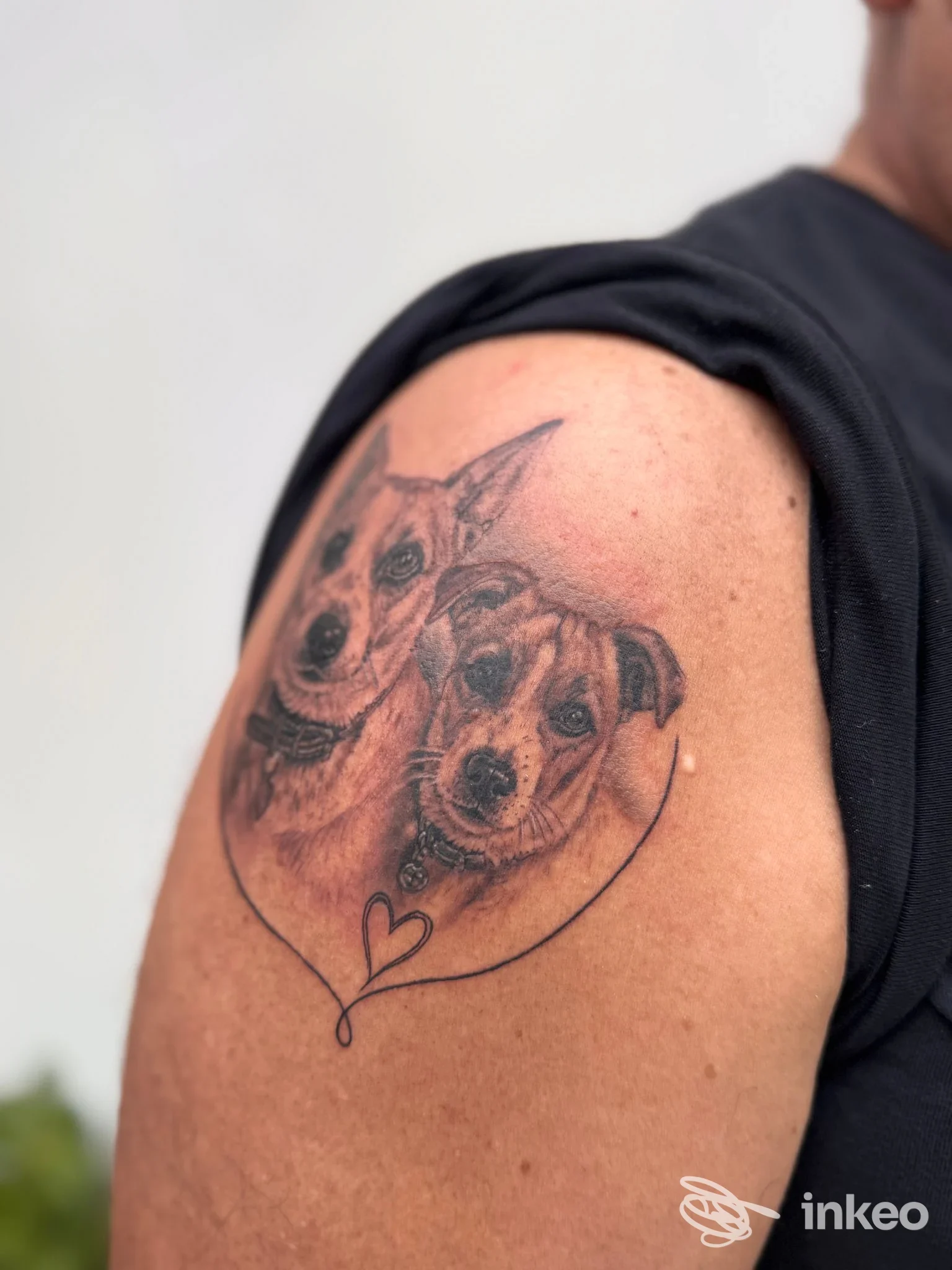 Tatuaggio sul braccio superiore con ritratti di due cani, foto fornita da Guna Tattoo Lab, Santi Cosma e Damiano.