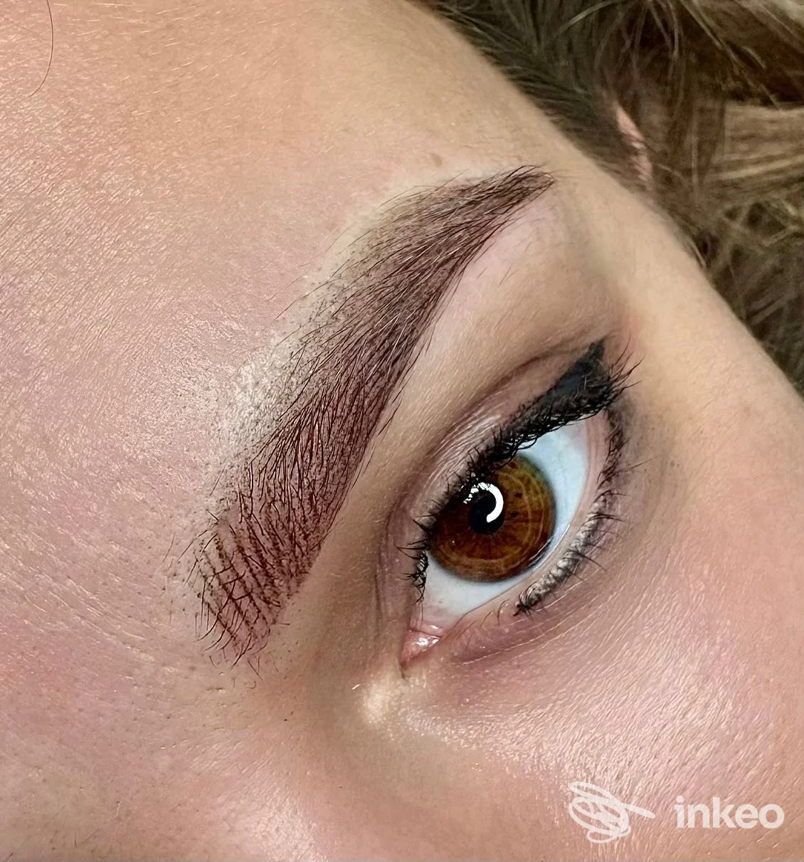 Primo piano di sopracciglio ristrutturato con trucco permanente, lavoro di Sabrina Miccoli Trucco Permanente Master & Trainer, Roma.