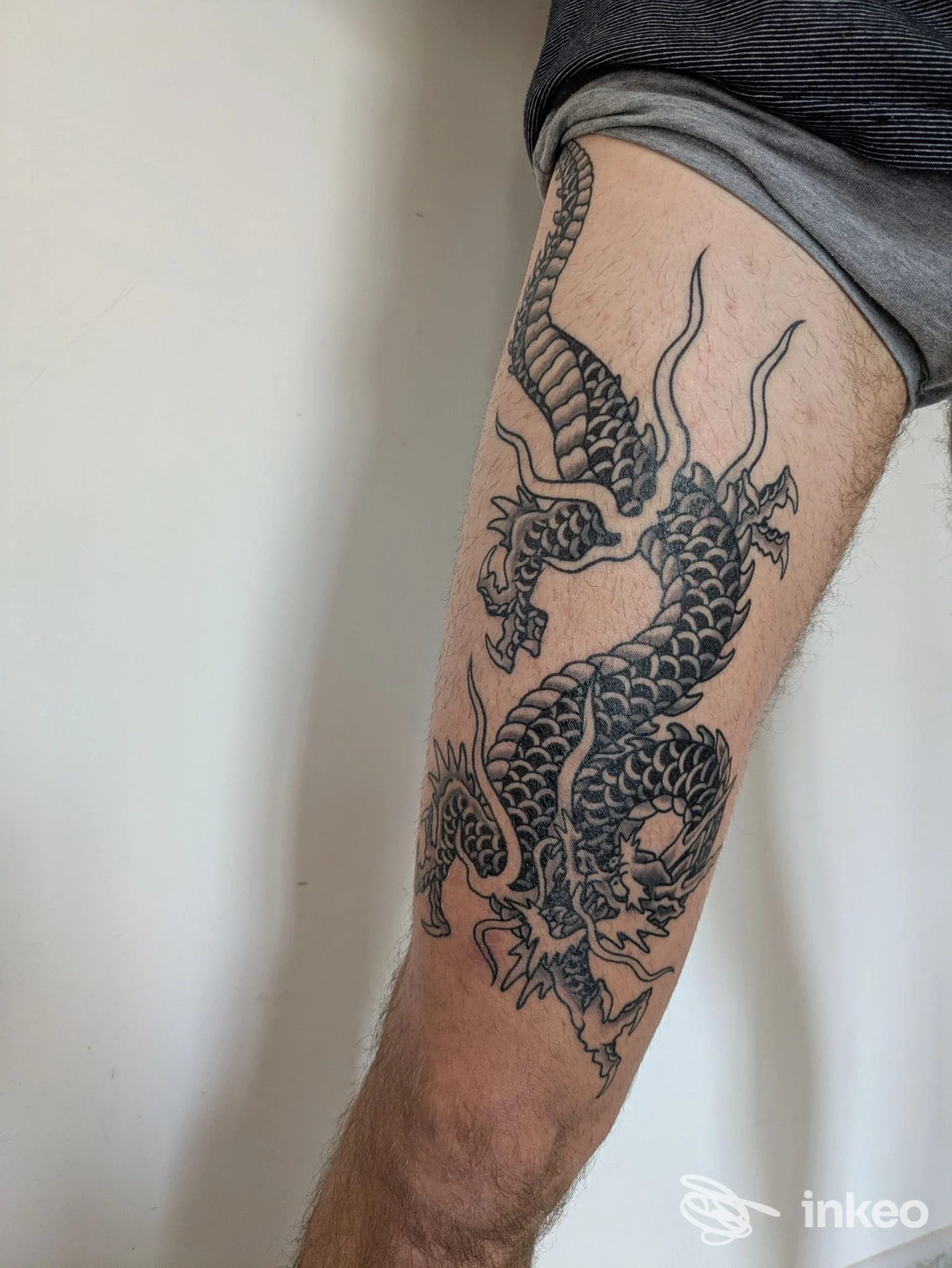 Tatuaggio a drago in bianco e nero sulla coscia, fotografia fornita da Traditional Stone Tattoo - Roma.