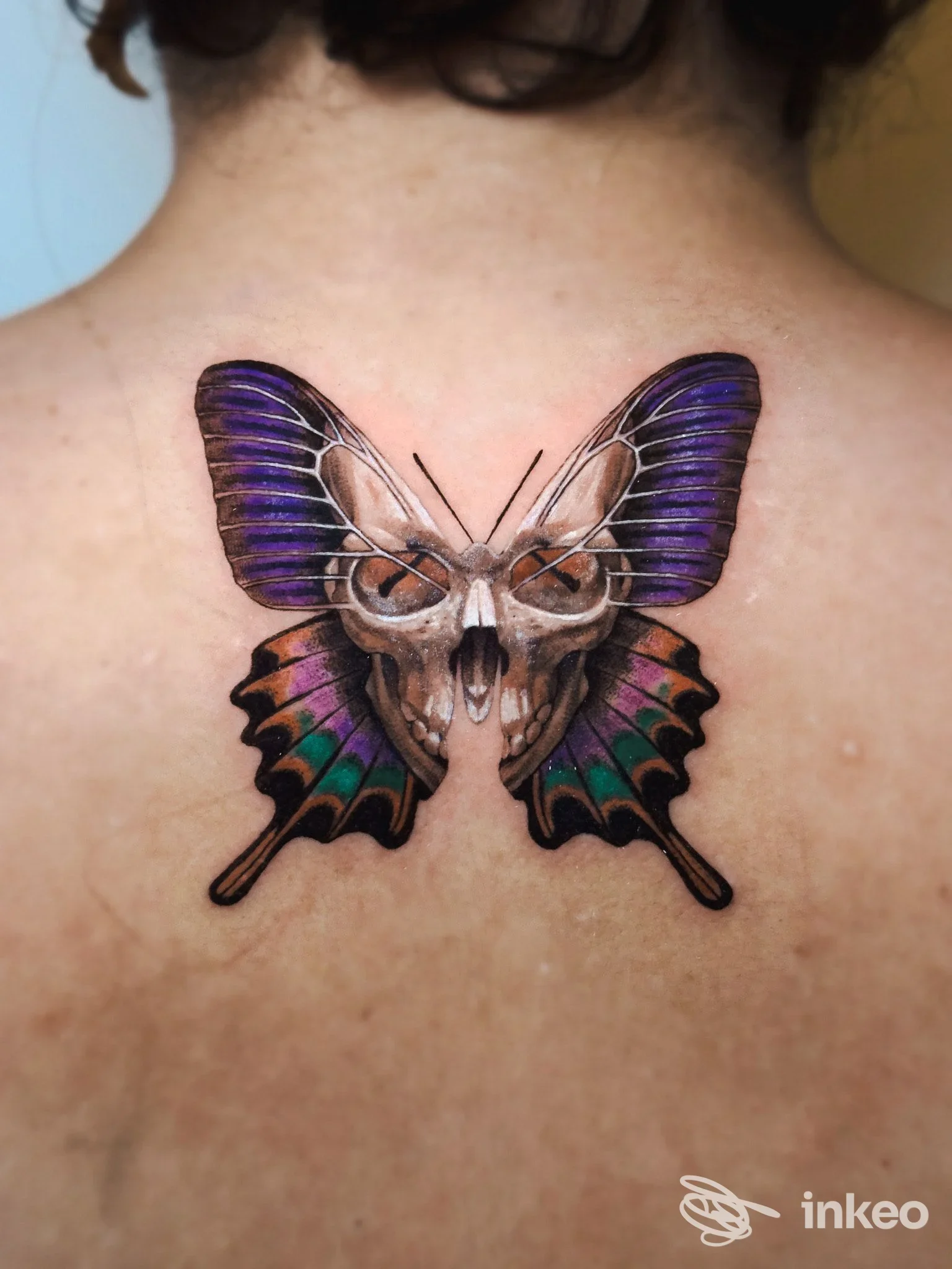 Tatuaggio sul dorso con teschio centrale e ali di farfalla, foto fornita dallo studio Sw.T Roma - Pigneto, Roma.