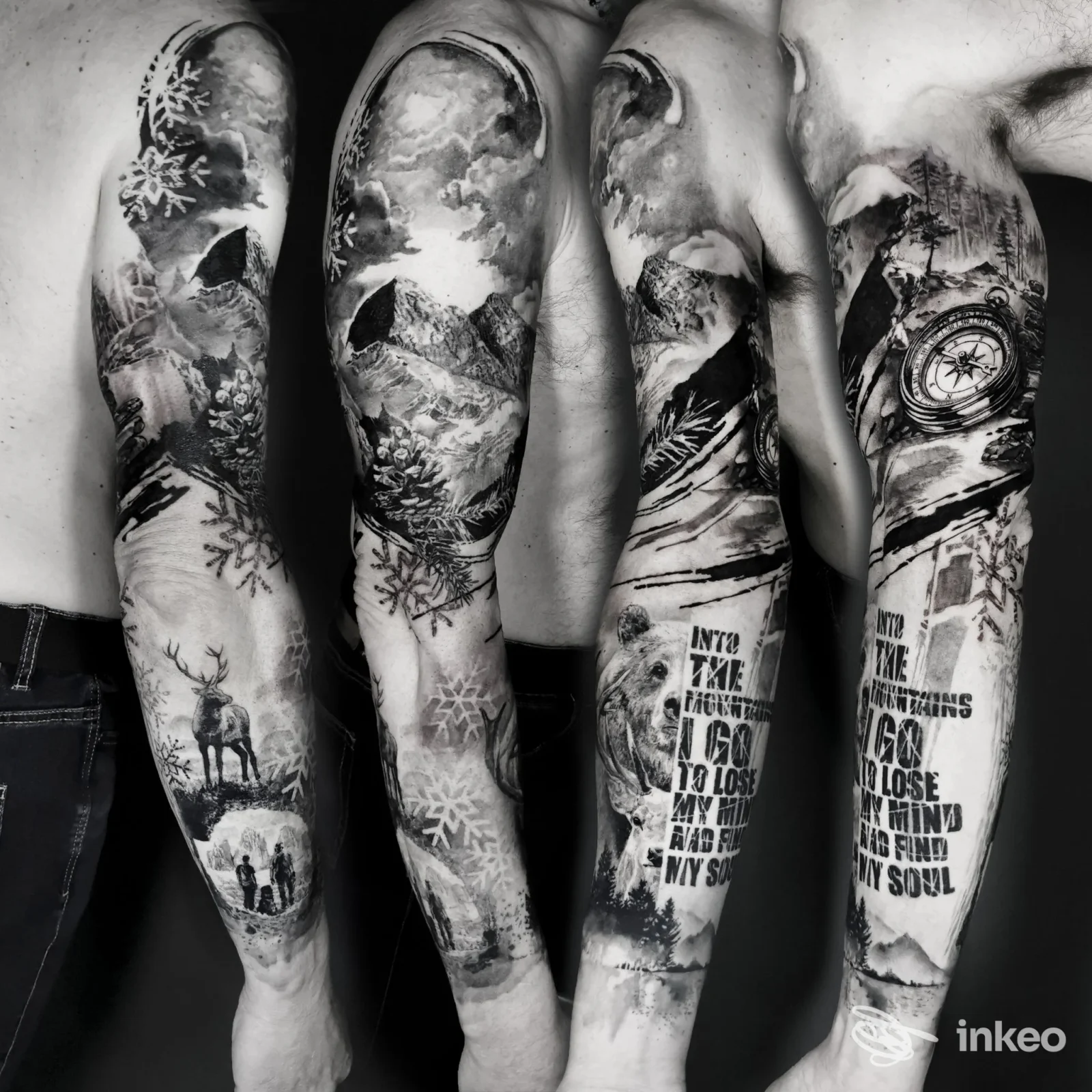 Quattro braccia con sleeve tatuate, visibili da lato, con paesaggi e dettagli naturali; nessun volto visibile.
