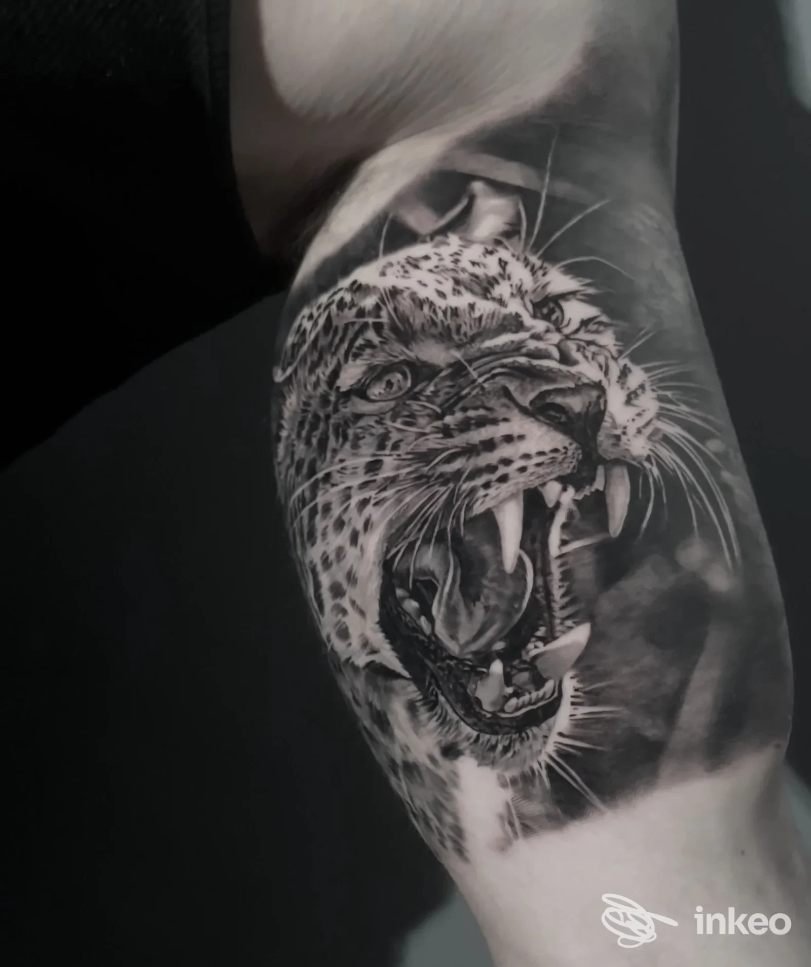 Tatuaggio realistico in bianco e nero raffigurante una leopardo, situato sull'avambraccio, visibile in primo piano.
