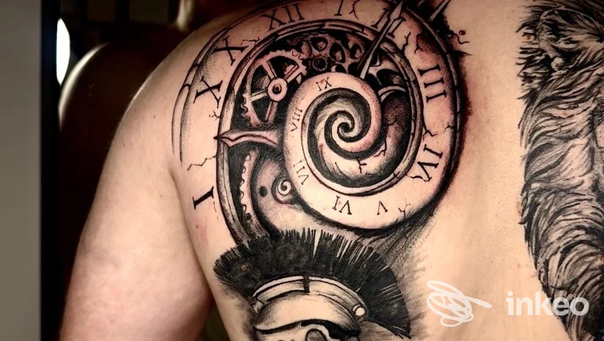 Tatuaggio su spalla e parte superiore della schiena: orologio a spirale meccanico e elmo antico. D.ink TATTOO STUDIO, Ventimiglia.