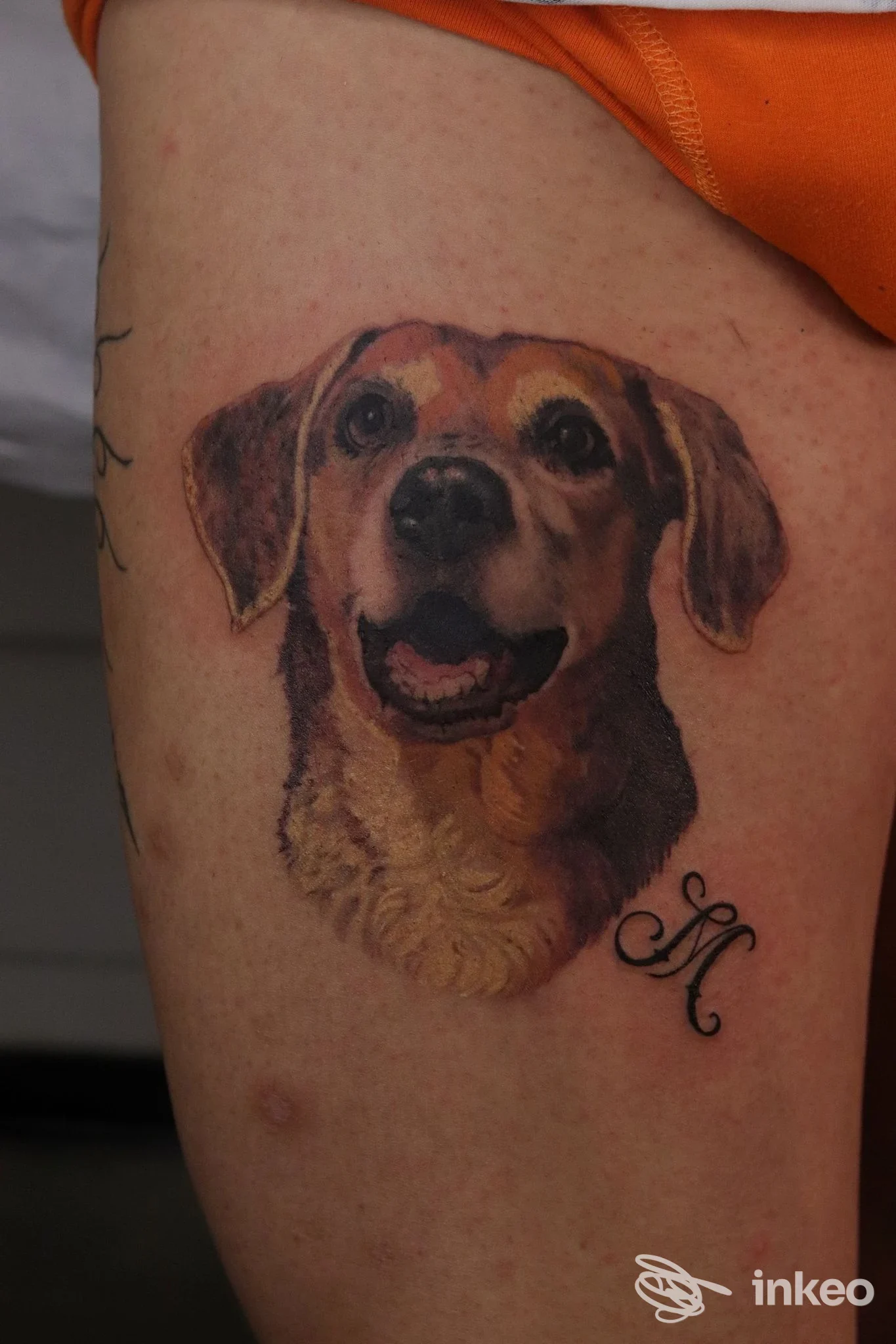 Ritratto realistico di cane tatuato sulla coscia, Alessandro Gogioso Tattoos & Piercings, Genova.