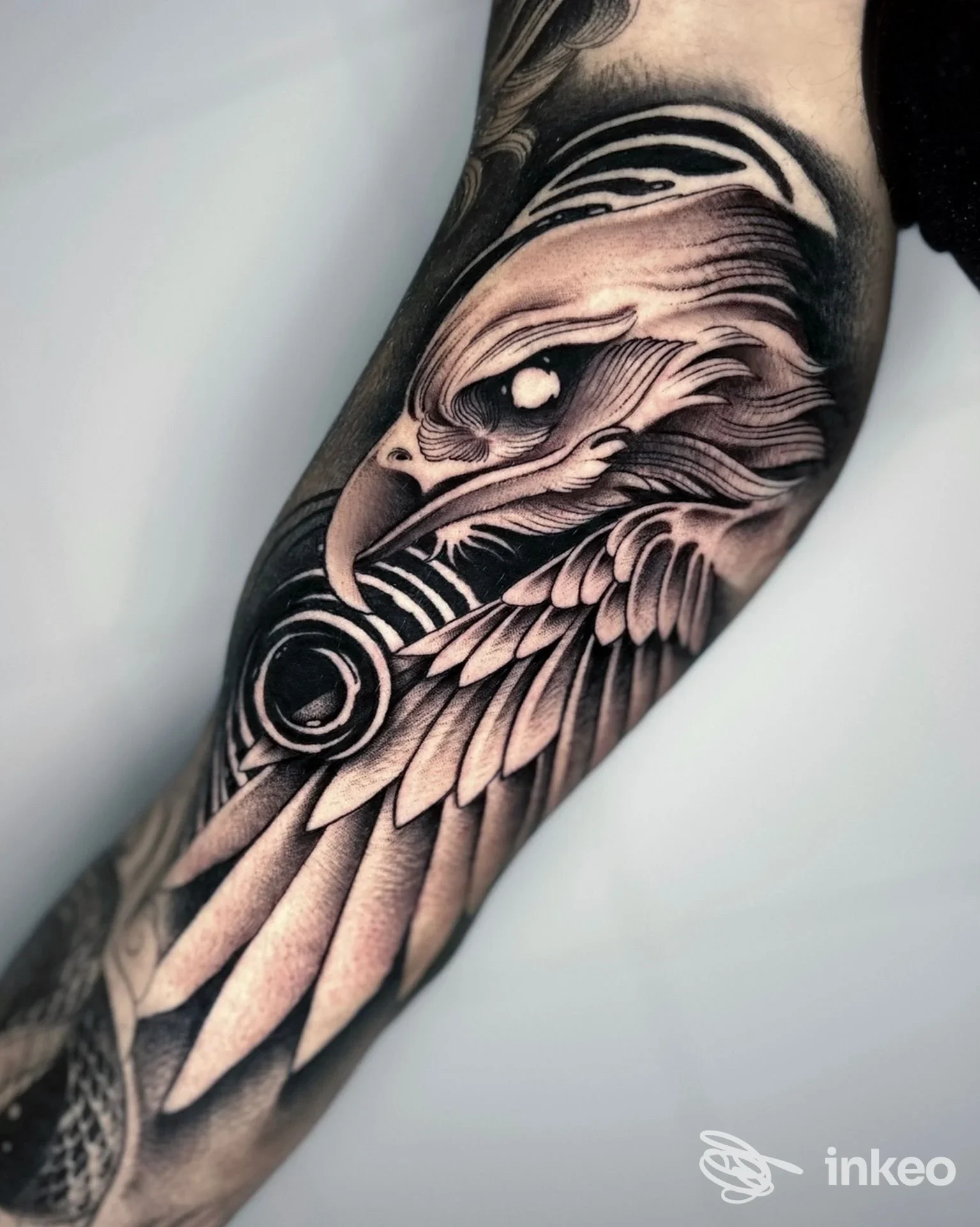 Tatuaggio in bianco e nero su avambraccio con testa d'aquila e ali, lavoro di Pamela Busi per Alaska tattoo ad Albisola Superiore.