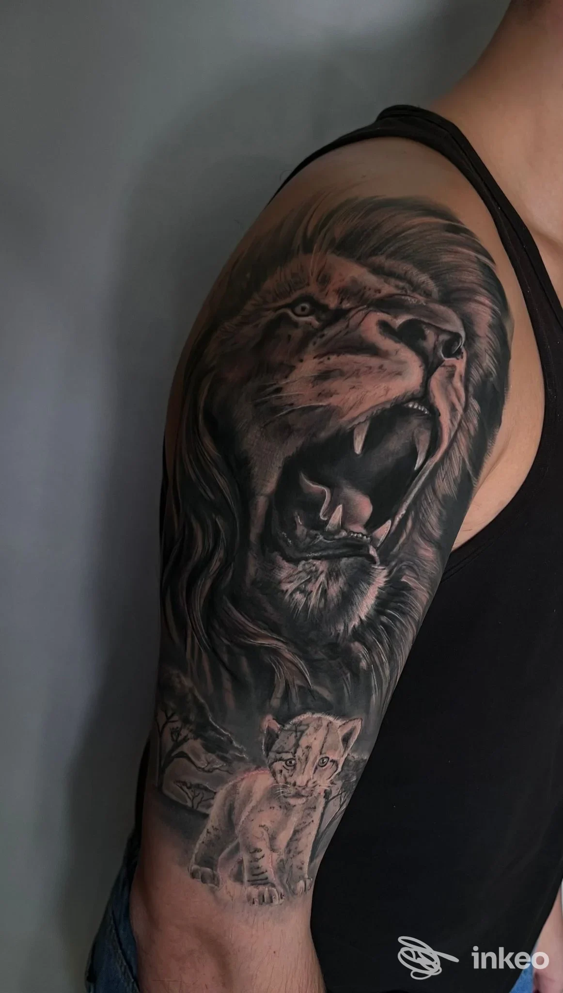 Tatuaggio realistico di un leone ruggente con cuccioli sul braccio superiore. Blood Love Tattoo, Genova.