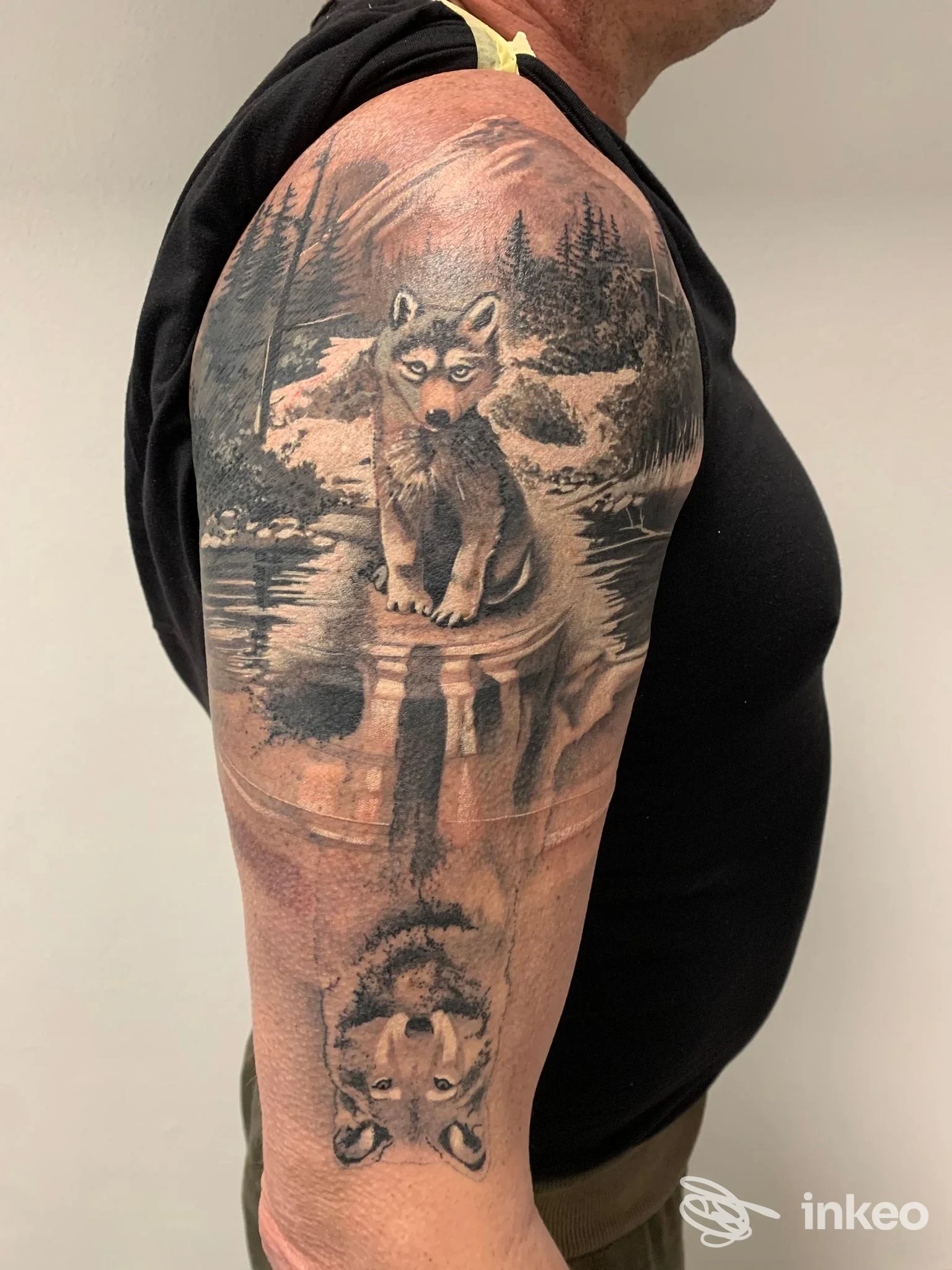 Tatuaggio realistico di volpe su spalla e braccio superiore, opera di Gian Tattoo Artist ad Albenga.