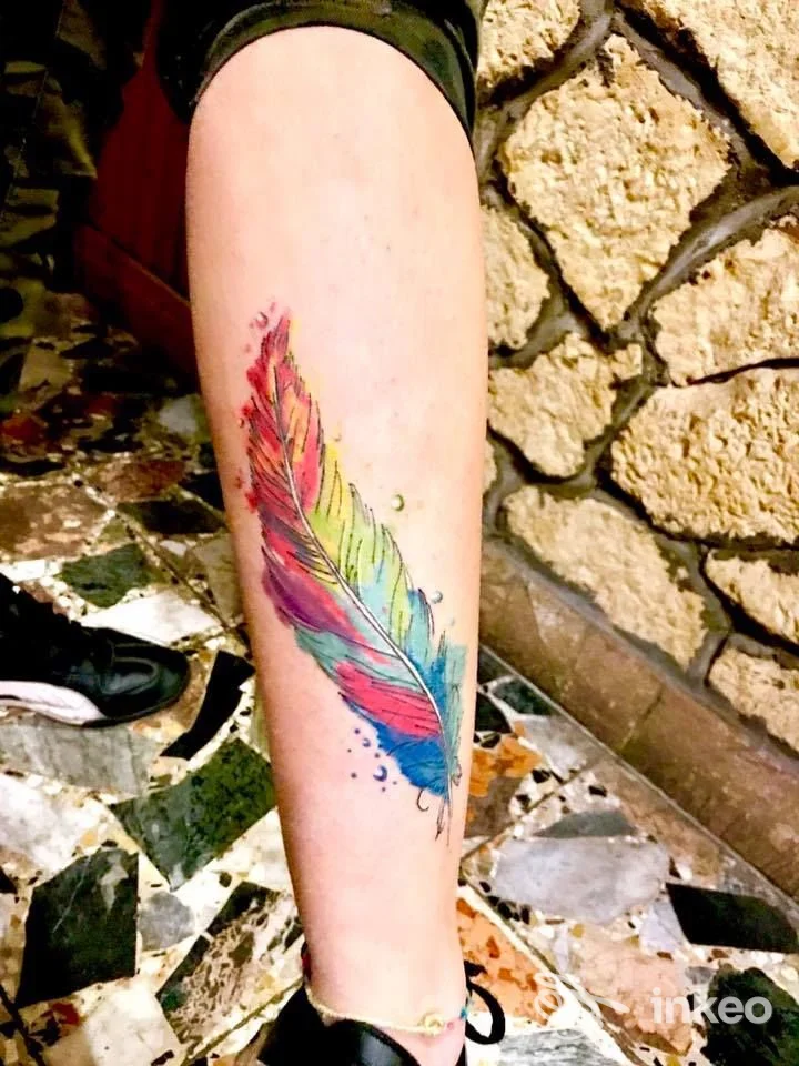 Tatuaggio colorato a piuma sull'avambraccio, foto inviata da I love Tattoo a Genova, primo piano su pelle reale.