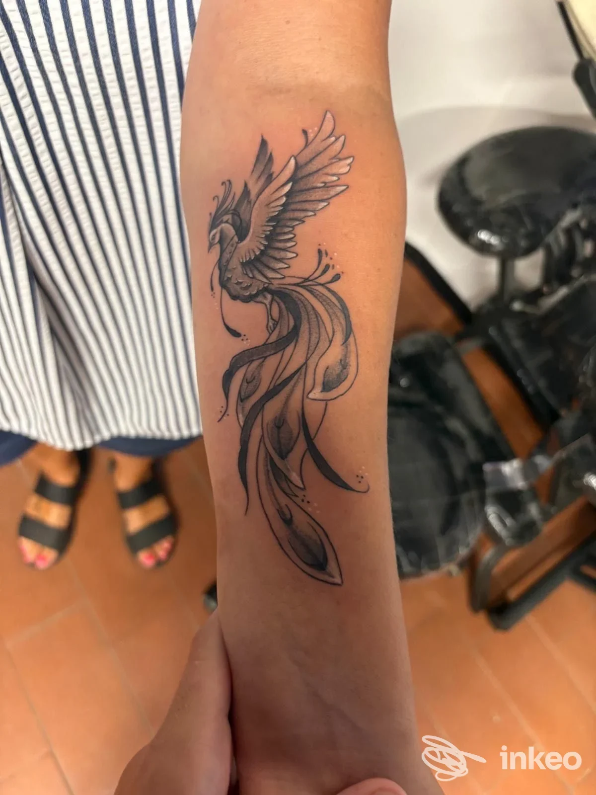 Tatuaggio di uccello stilizzato sull'avambraccio, realizzato da Gocce Proibite Tattoo Studio a Finale Ligure.