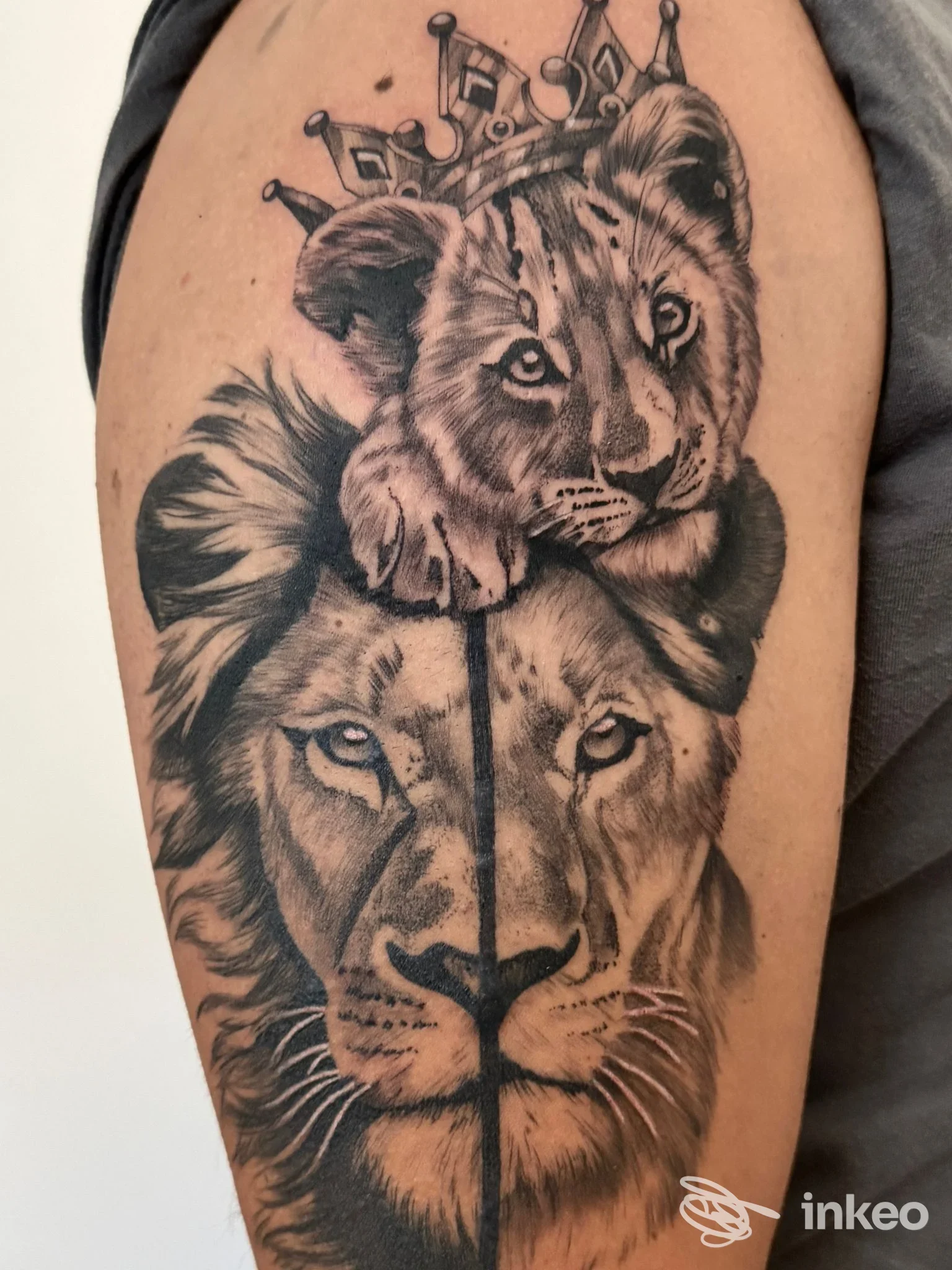 Tatuaggio realistico black & grey di leone e cucciolo sul braccio superiore, eseguito da Kreiontattoo di William Tronchi a Gattorna.