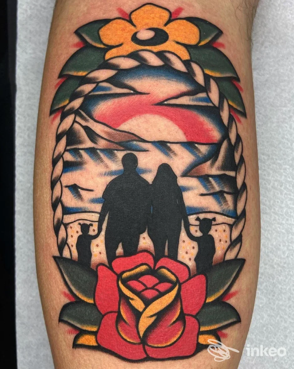 Tatuaggio colorato su avambraccio raffigurante coppia in silhouette su paesaggio al tramonto con rose, Lucky13 tattoo shop, Sestri Levante.