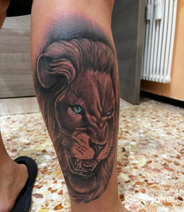 Tatuaggio realistico e dettagliato di un leone sul polpaccio, in nero e marrone, fotografato in interno. MAGMA_TATTOO LAVAGNA, Lavagna.