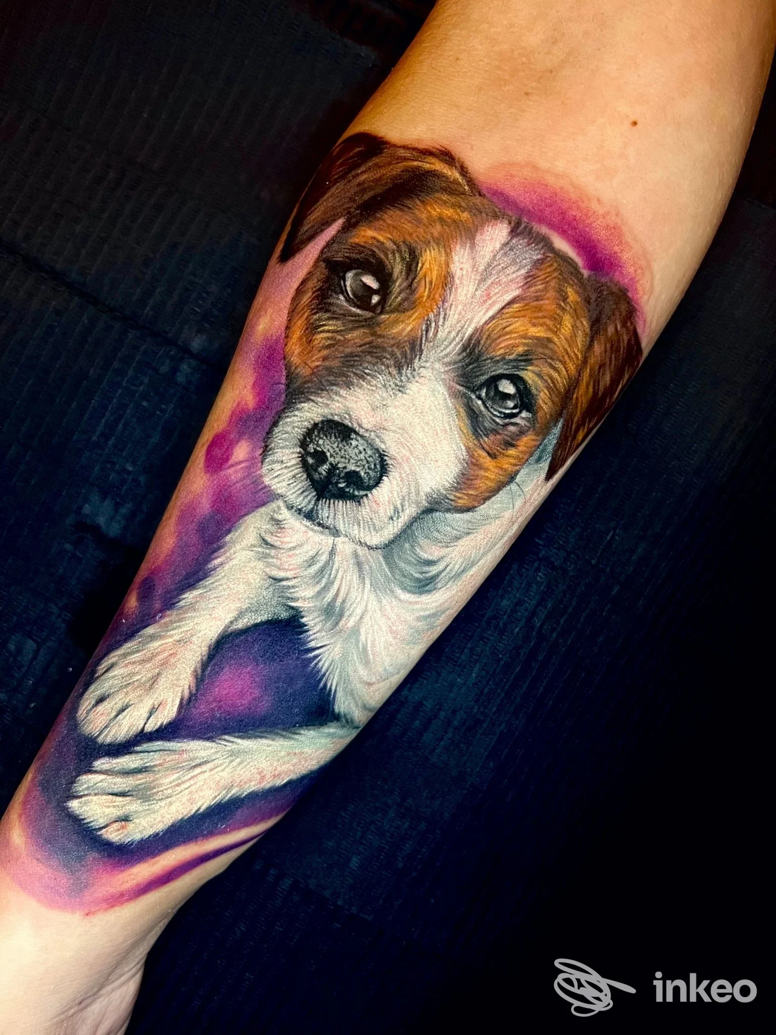 Tatuaggio fotorealistico di un cane sull'avambraccio, realizzato da Mara Tattoo Shop a Bottagna, dettagli nelle zampe e nel muso.