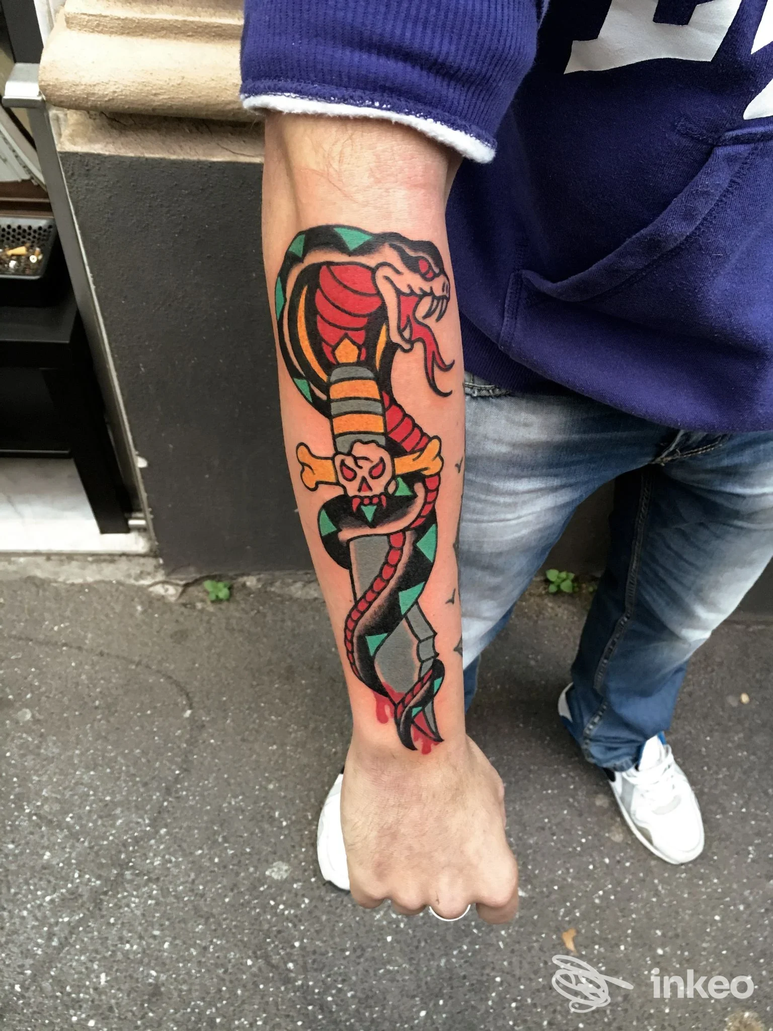 Tatuaggio colorato su avambraccio con serpente attorcigliato attorno a un pugnale, foto per Old Inside Tattoo a Genova.