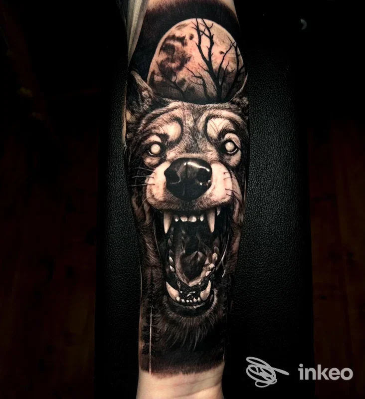 Tatuaggio realistico in bianco e nero di una testa di lupo sull'avambraccio, foto fornita da Old Times Tattoo, Sanremo.