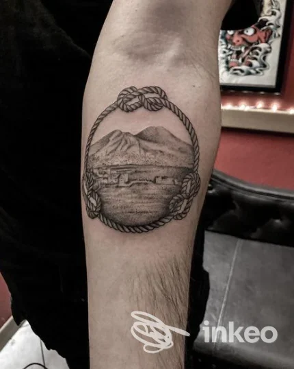 Tattoo circolare a forma di anello di corde sul braccio, contenente un paesaggio montano e un lago, realizzato sulla pelle.