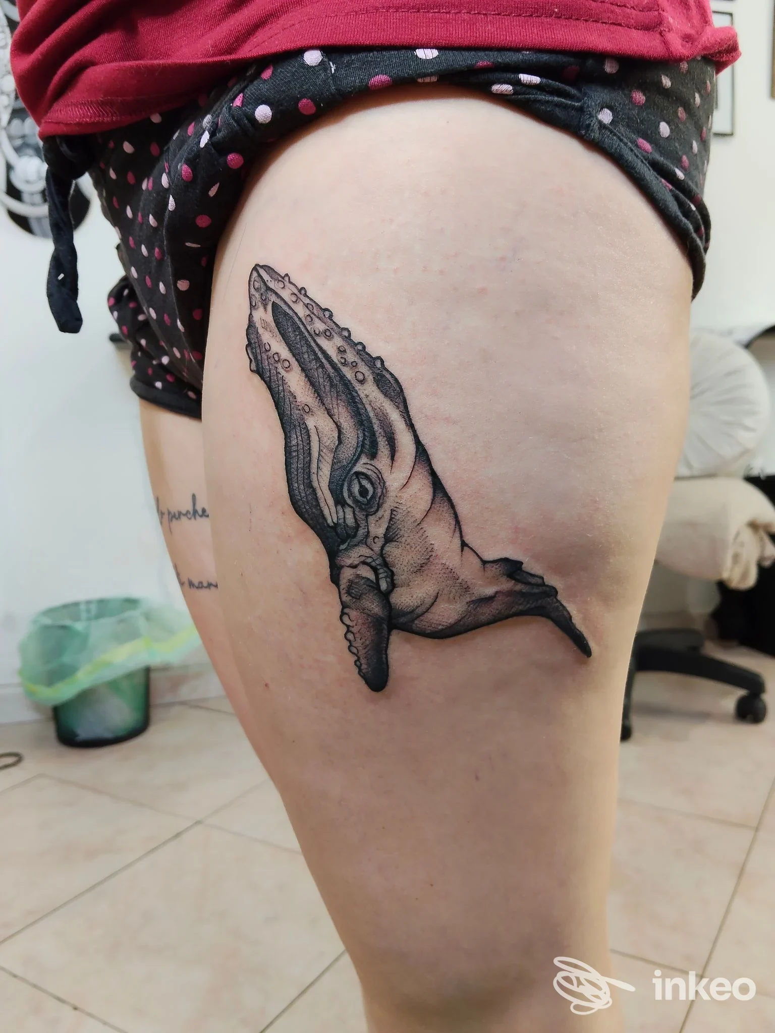 Tatuaggio testa di balena in bianco/nero sulla coscia, foto pubblicata da Stranger Skin Tattoo a Genova in ambiente di studio.