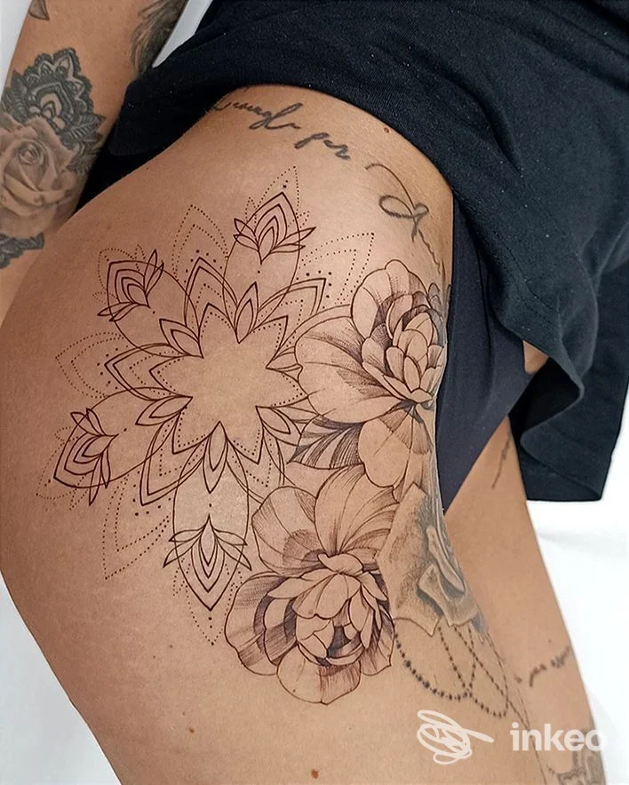 Tatuaggio floreale ornamentale sul fianco/coscia fotografato in primo piano, immagine fornita da Simo Art Tattoo, Genova.