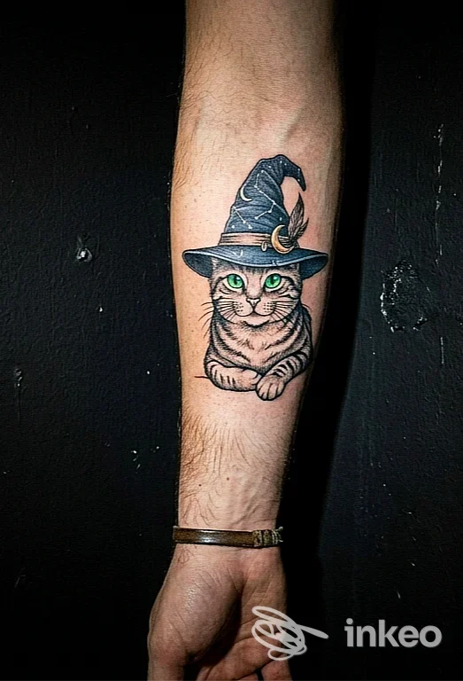 Tatuaggio colorato di un gatto con cappello da strega sull'avambraccio, fotografia per portfolio di Cerbero tattoo studio a Villafranca Piemonte.