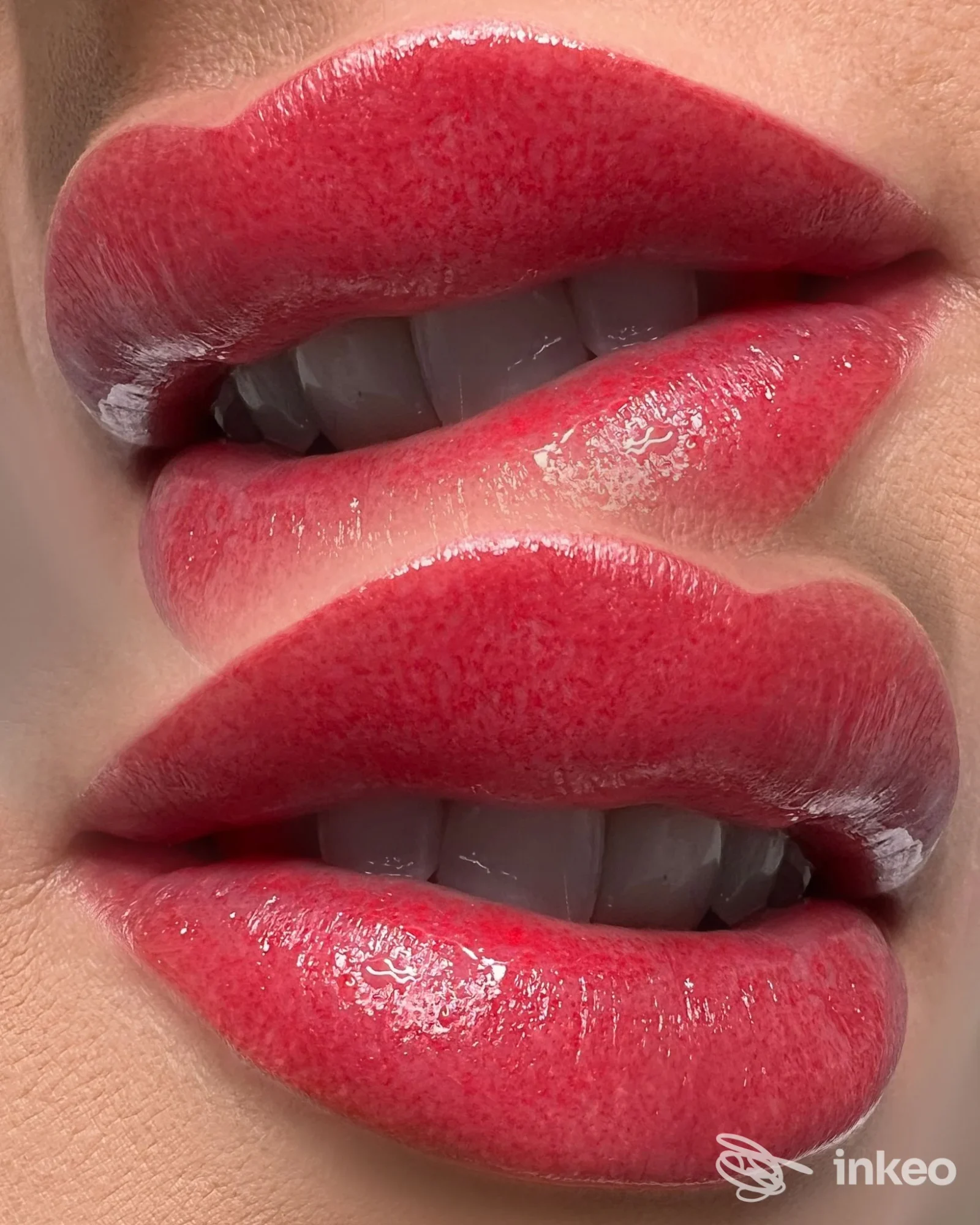 Primo piano di labbra con trucco permanente rosso lucido eseguito da OLGA FOREST Trucco Permanente&Laminazione, Torino.