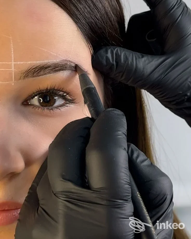 Dettaglio di sopracciglio in preparazione per trucco permanente, operatorе con guanti neri - Vera trucco permanente e laminazione ciglia, Torino.