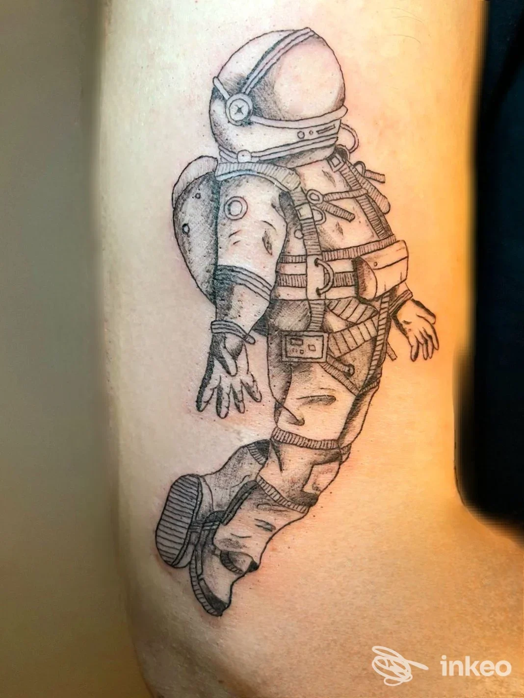 Tatuaggio astronauta in bianco e nero sul braccio, realizzato da Serena PMU-TATTOO a Melissano.