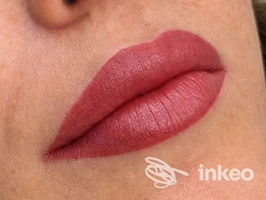 Primo piano di labbra con trucco permanente dopo trattamento, risultato eseguito da Fabrizia Piras microblading a Sassari.