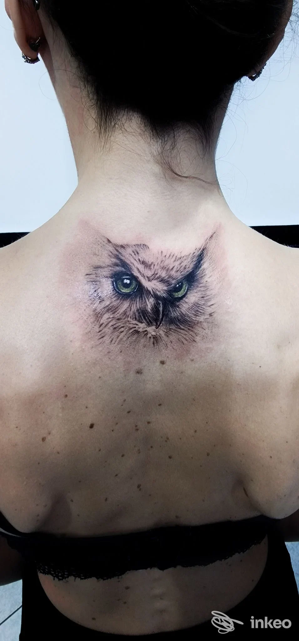 Tatuaggio realistico di una testa di gufo sulla parte superiore della schiena, Clody Tattoo Studio, Capo d'Orlando.