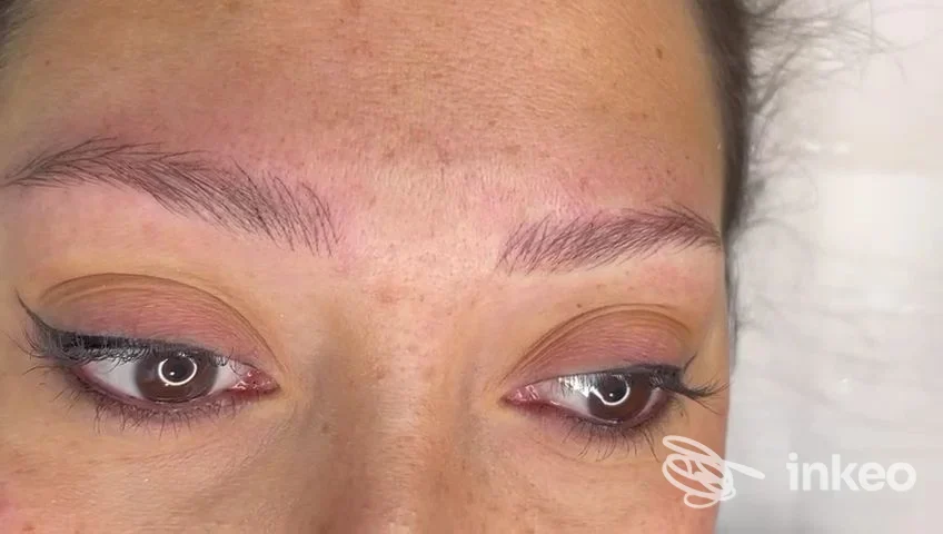 Primo piano delle sopracciglia dopo microblading, lavoro di Lucia Palagi Permanent Makeup a Firenze, dettagli della dermopigmentazione.