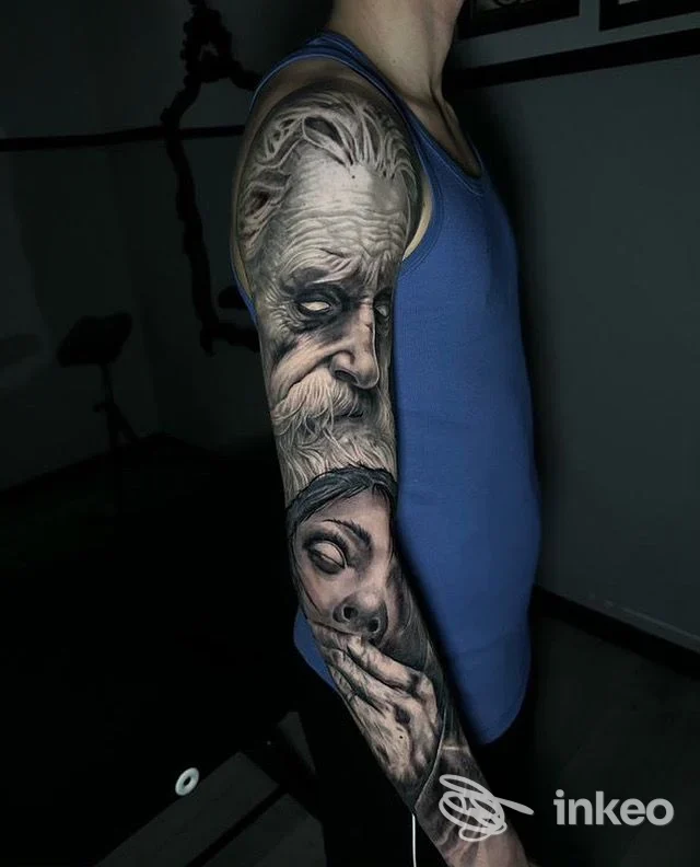 Manica tatuata con ritratti realistici, foto inviata dallo studio Infinite Glow Tattoo Studio, Follonica.