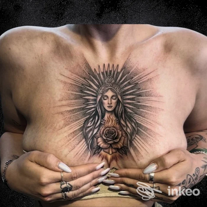Primo piano di un tatuaggio sul petto raffigurante una Madonna stilizzata con raggi luminosi e una rosa centrale, mani in primo piano. Realizzato da Warriors and Ladies Tattoo a Piano di Conca.