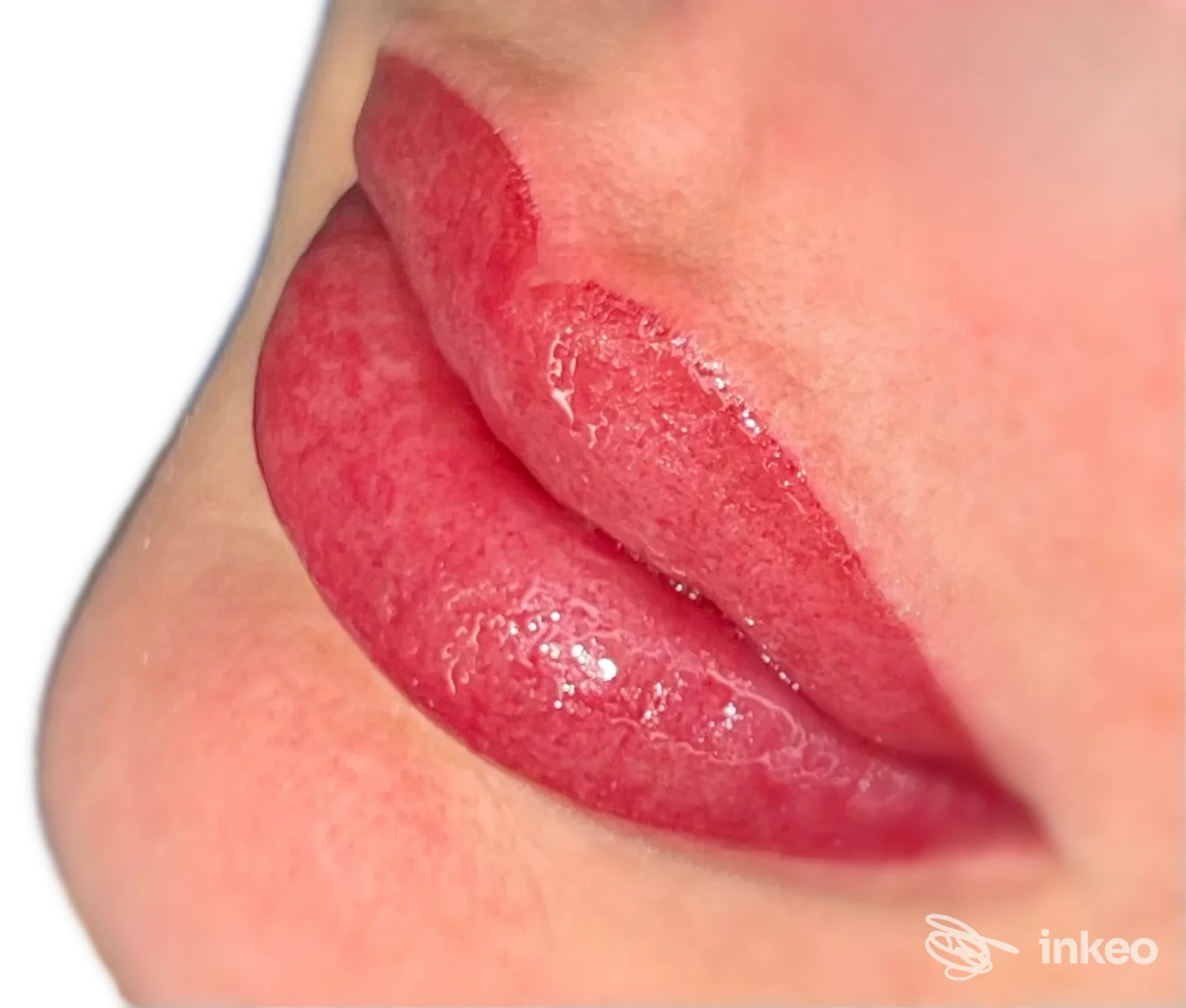 Primo piano di dermopigmentazione labiale (contorno e riempimento) realizzata da Permanent make-up by Carolina a Bolzano.