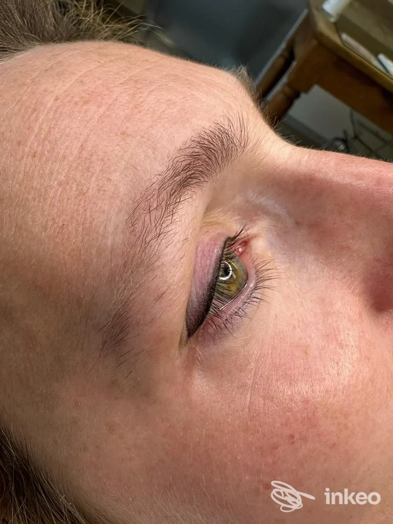 Primo piano di dermopigmentazione eyeliner sul bordo palpebrale sinistro, Teresa Fabbri, Trento.