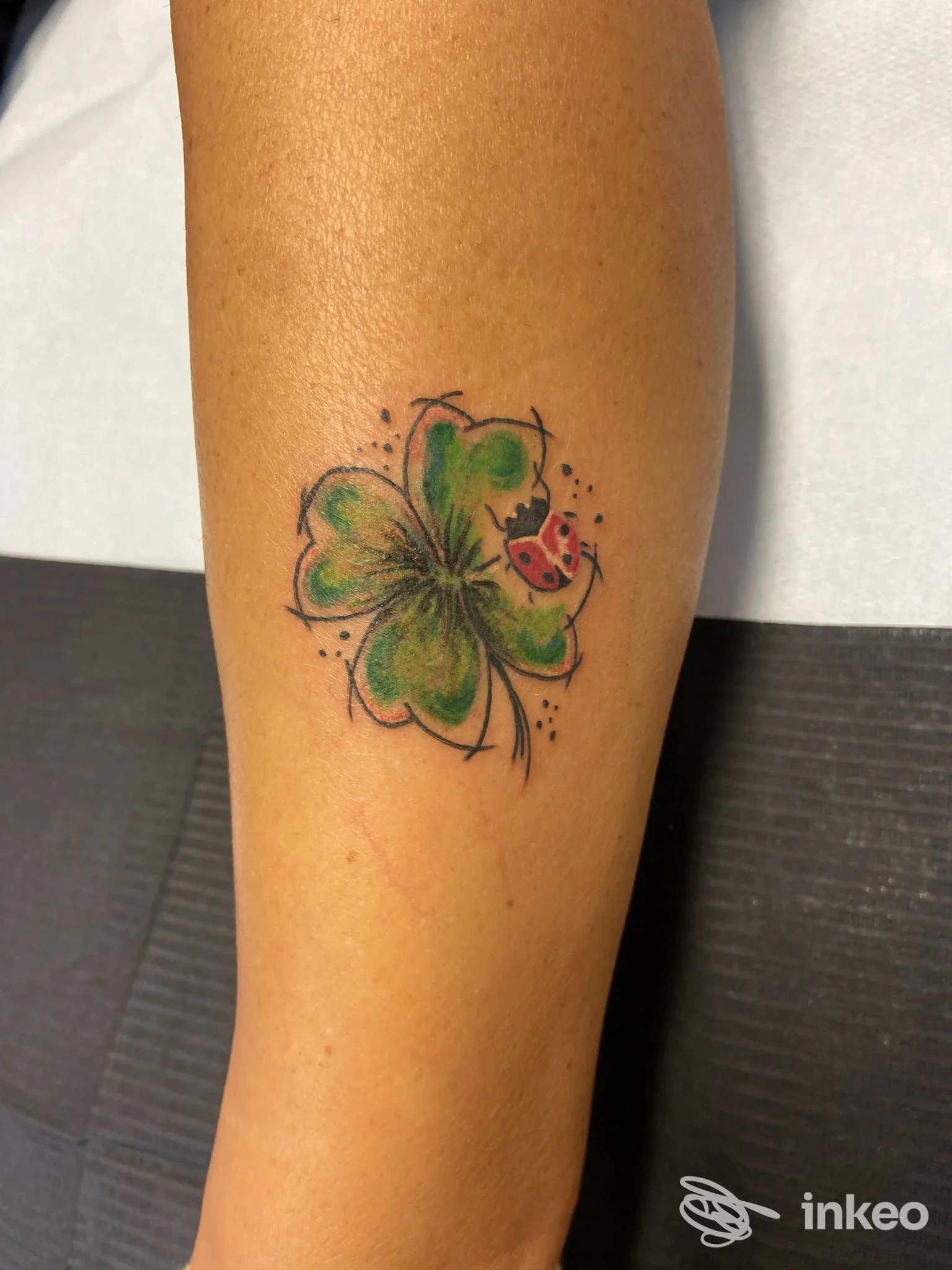 Tatuaggio trifoglio verde con coccinella sull'avambraccio, lavoro realizzato da Tus Tattoo - Perugia.