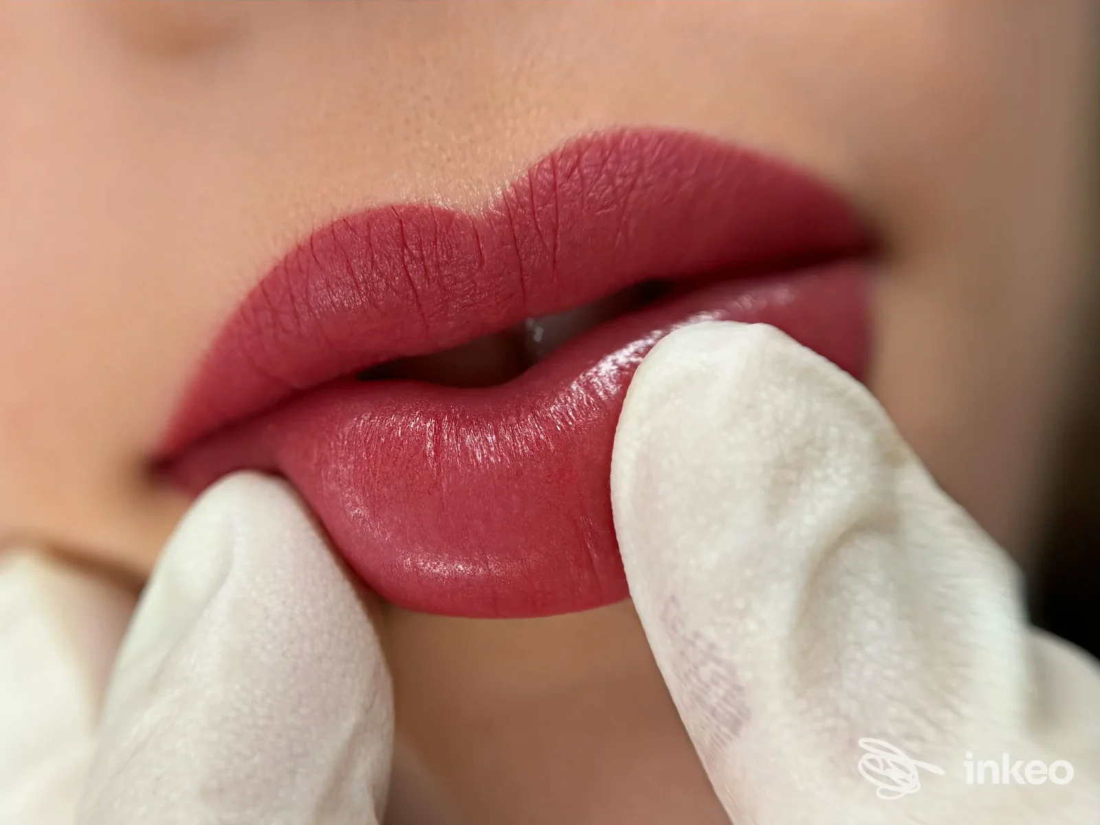 Primo piano di labbra con trucco semipermanente, operatore con guanti regge il labbro; immagine inviata da Gilda Trucco Semipermanente, Solesino.