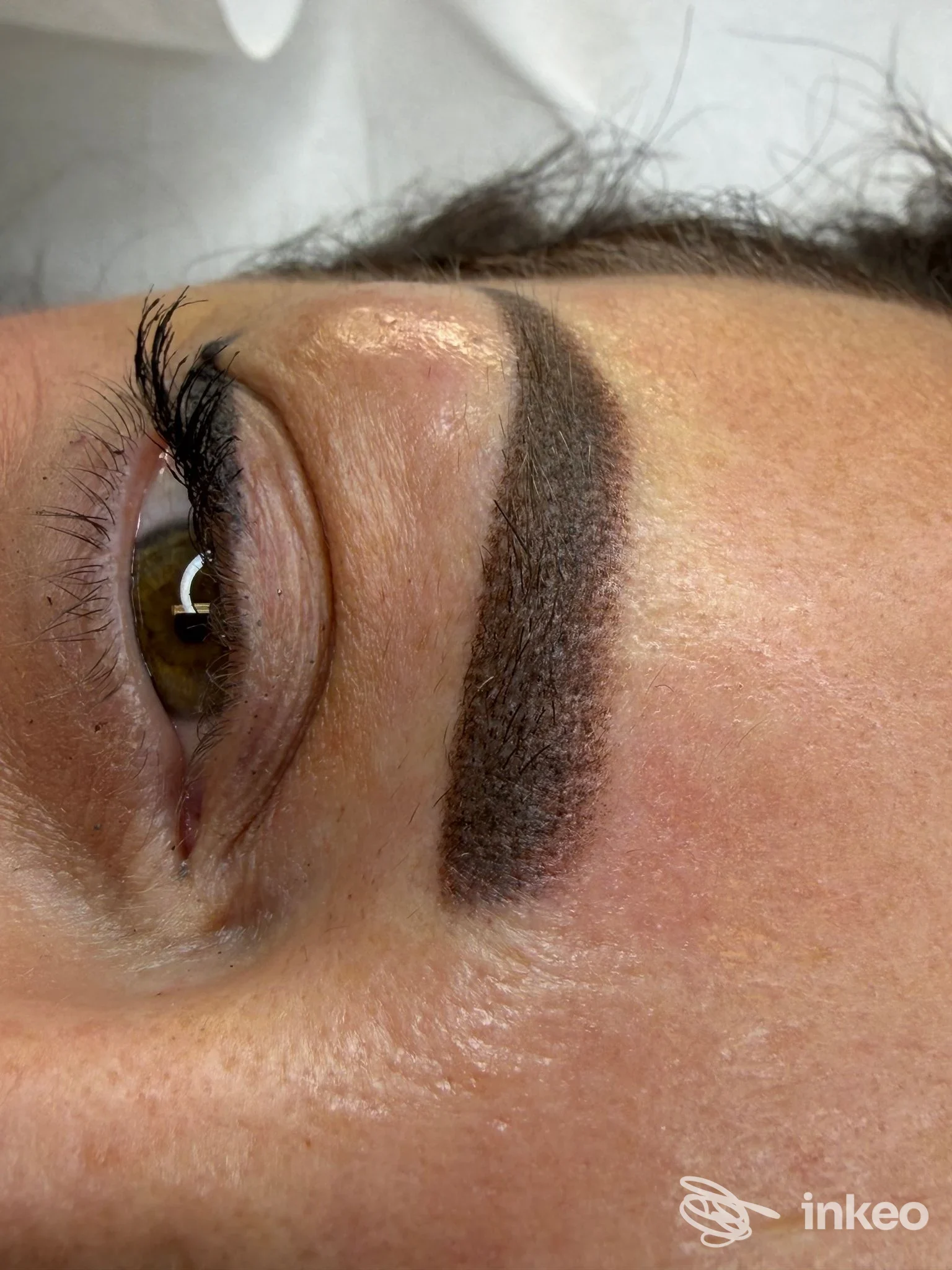 Primo piano di dermopigmentazione sopraccigliare eseguita da Inga Trucco Semipermanente a Ponzano, dettaglio del sopracciglio sinistro.