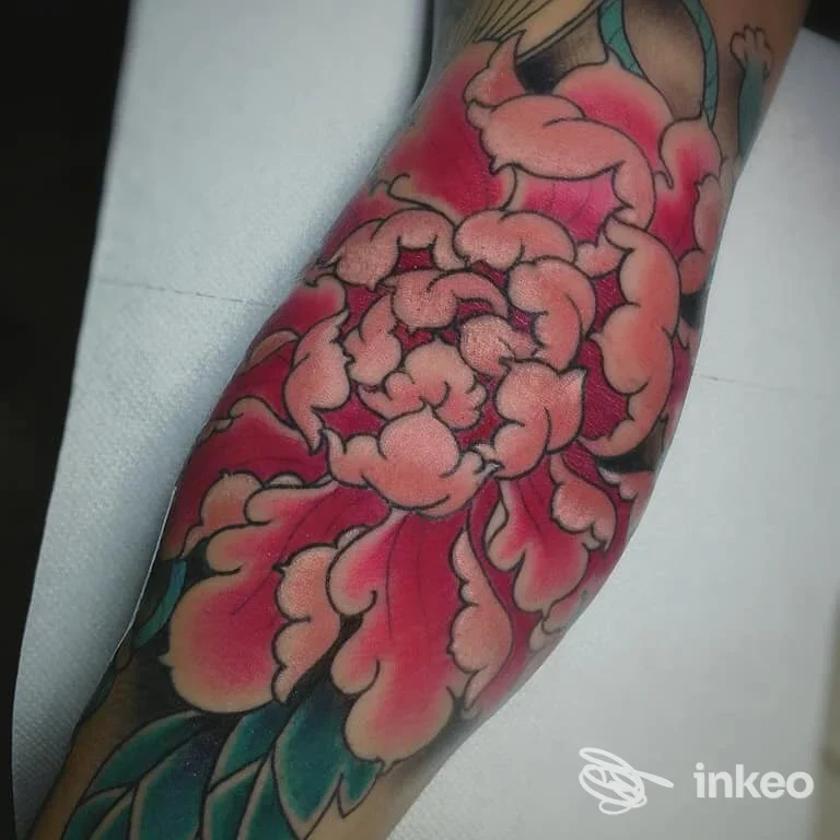 Tatuaggio colorato sull’avambraccio raffigurante grandi petali di fiore rosa e sfumature rosse, con contorni definiti e sfondo sfumato.