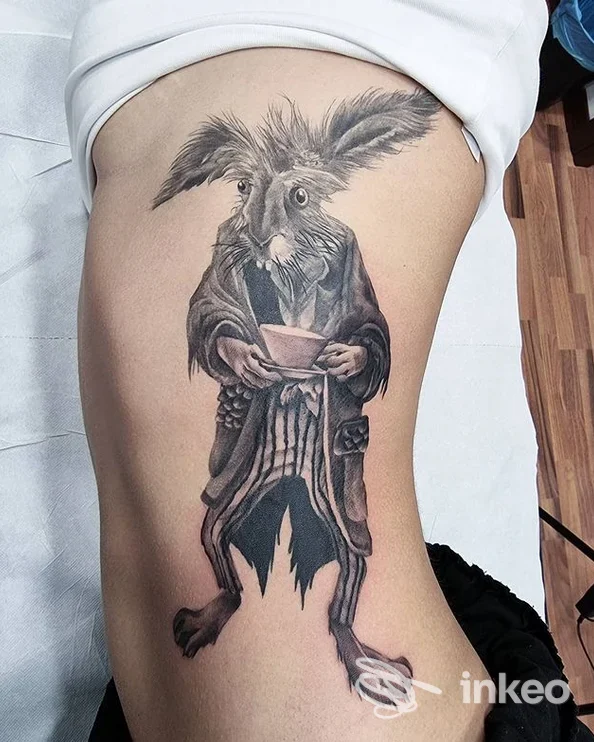 Ampio tatuaggio in bianco e nero di un coniglio antropomorfo sul fianco, foto fornita da Doctor D StyleTattoo Wellness, Jesi.