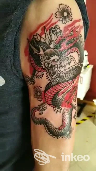 Tatuaggio a colori di un drago nero e rosso sull'avambraccio, scatto in studio. Fun House Tattoo Shop, Macerata.