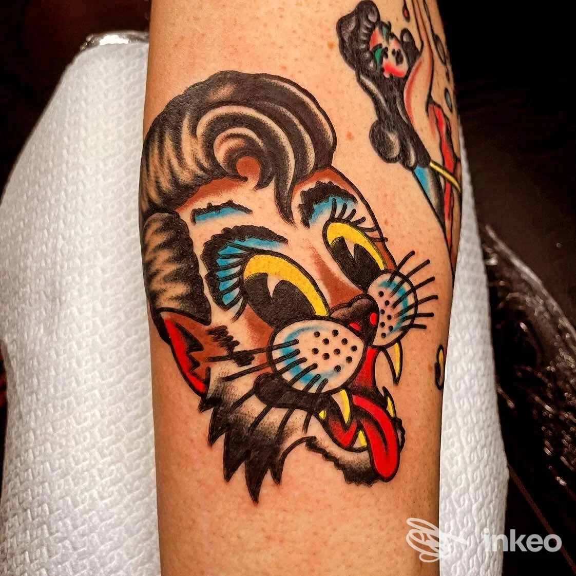 Tatuaggio tradizionale sul avambraccio raffigurante una testa di creatura colorata con contorni neri, realizzato da Ozma Tattoo a Pesaro.