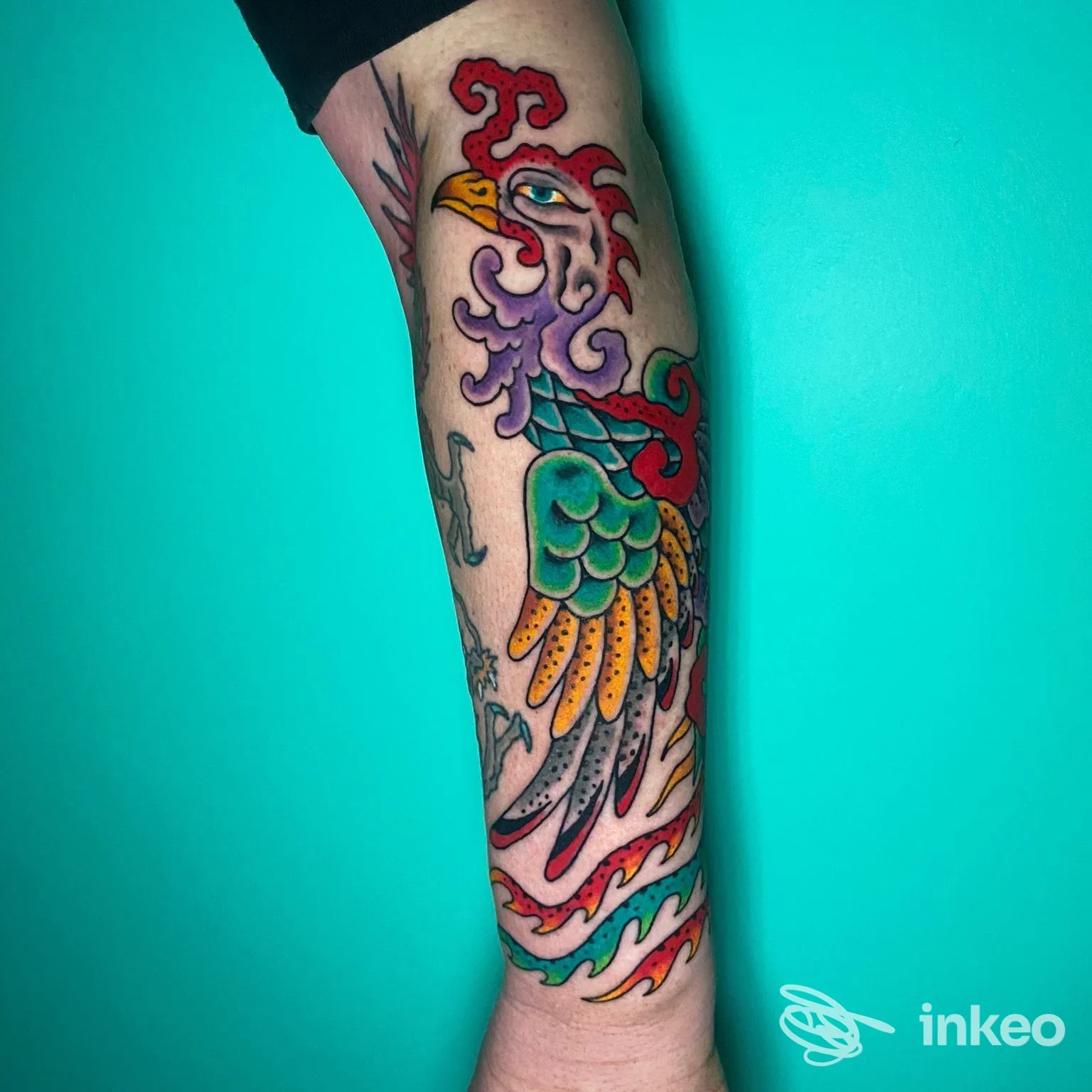 Tatuaggio colorato a forma di uccello sull'avambraccio, realizzato da SoundFlowers Tattoo Club a Porto San Giorgio.