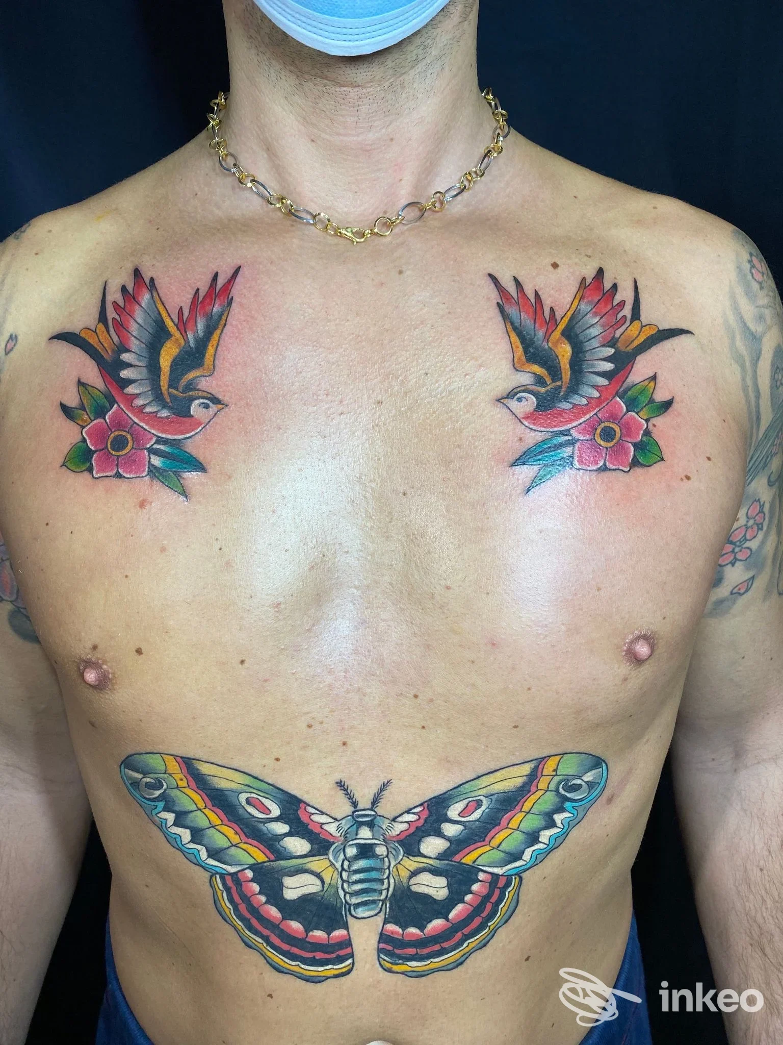 Torace tatuato con due rondini simmetriche sul petto e una grande falena colorata sull'addome, foto per Stiff Tattoo, San Benedetto del Tronto.