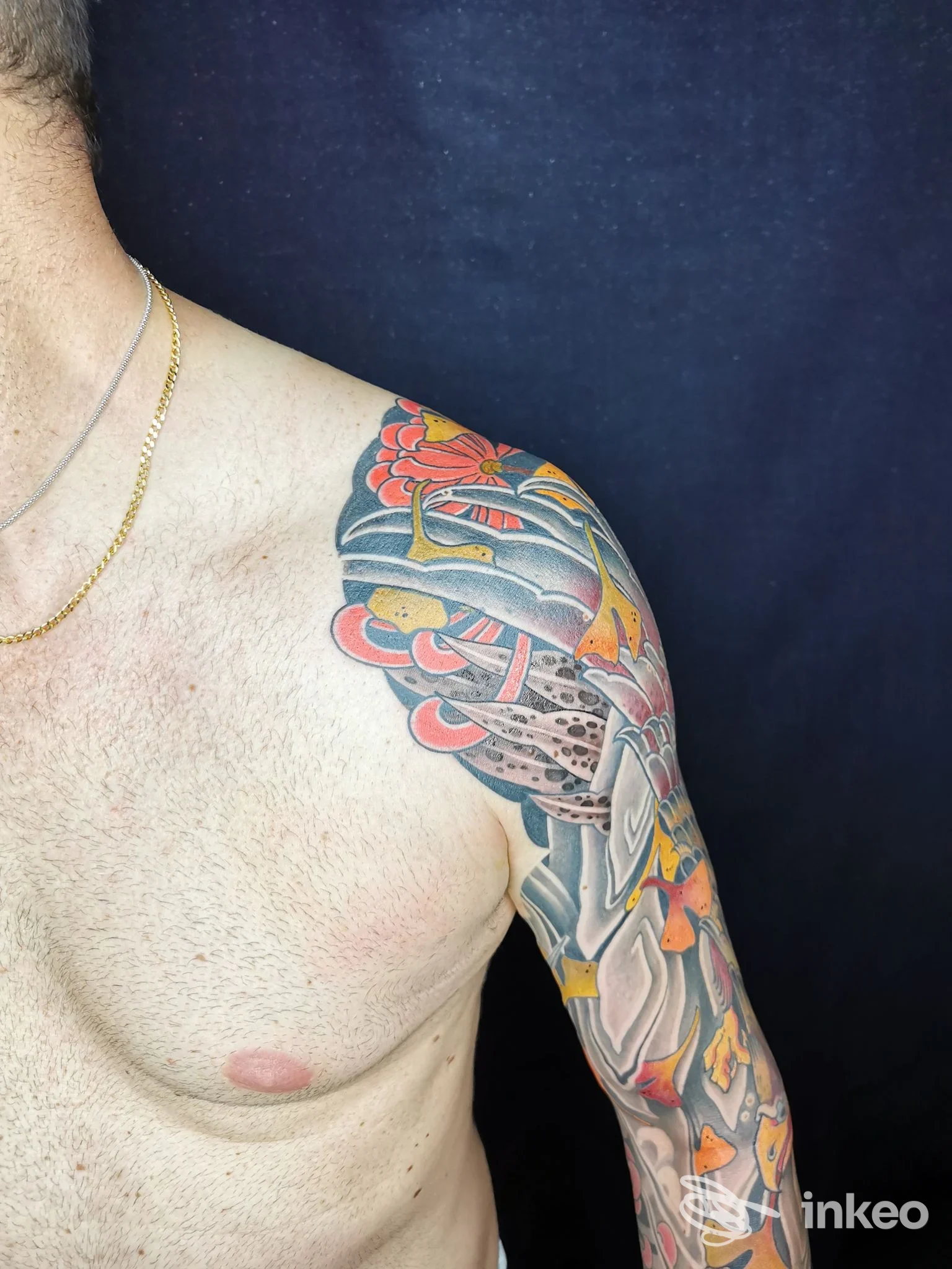 Dettaglio di manica colorata su spalla e braccio, WILLIAMS TATTOO - Private Studio, Fano.